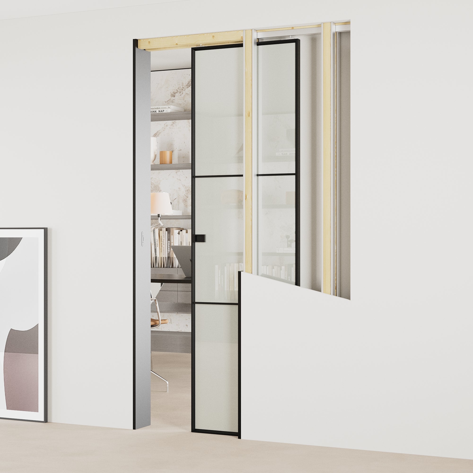Ark Design 3-Lite Aluminum Tempered Frosted Glass Pocket Door with Hardware Kit & Soft Close & Frame, Solid Core MDF Wood & Paint-grade Finished, White