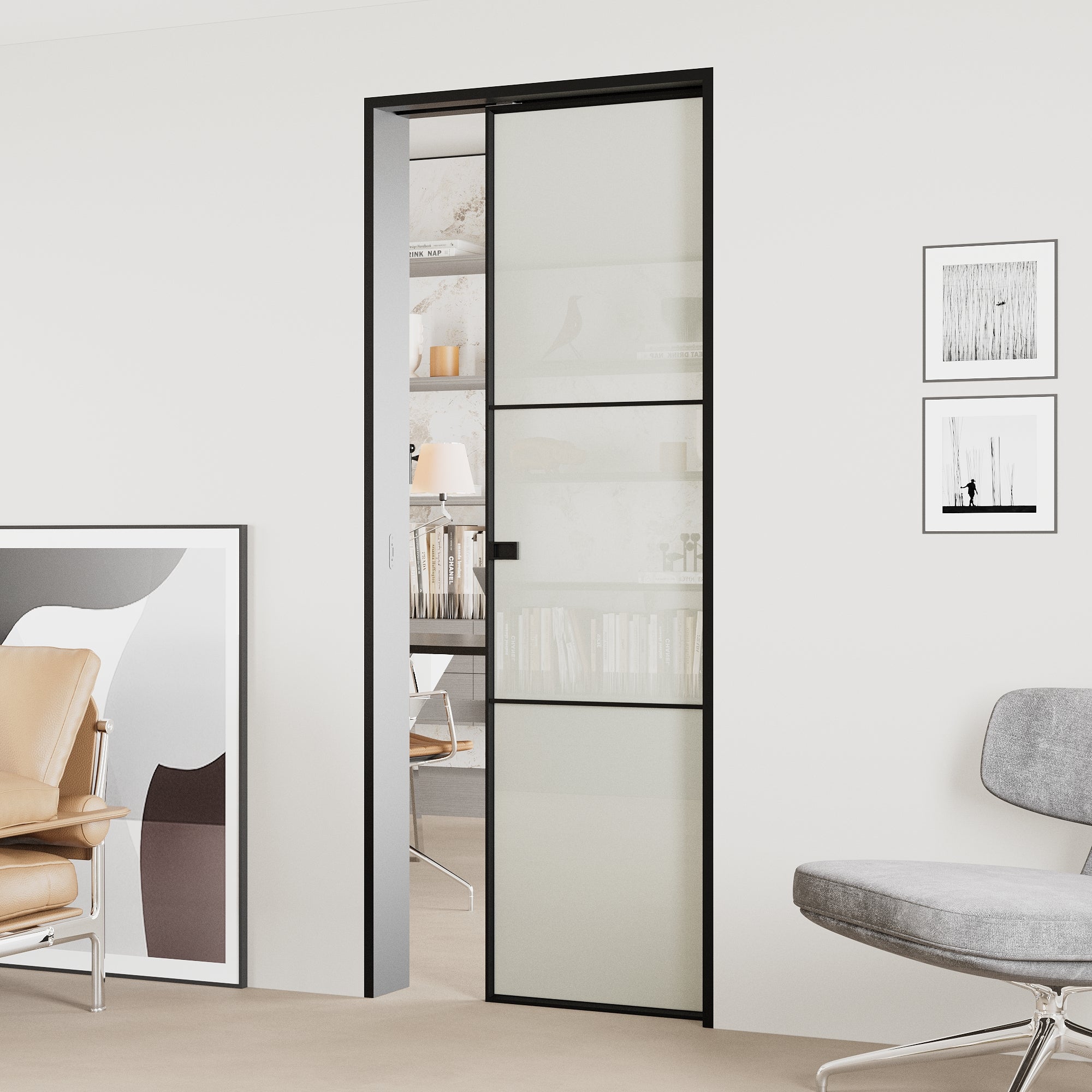 Ark Design 3-Lite Aluminum Tempered Frosted Glass Pocket Door with Hardware Kit & Soft Close & Frame, Solid Core MDF Wood & Paint-grade Finished, White