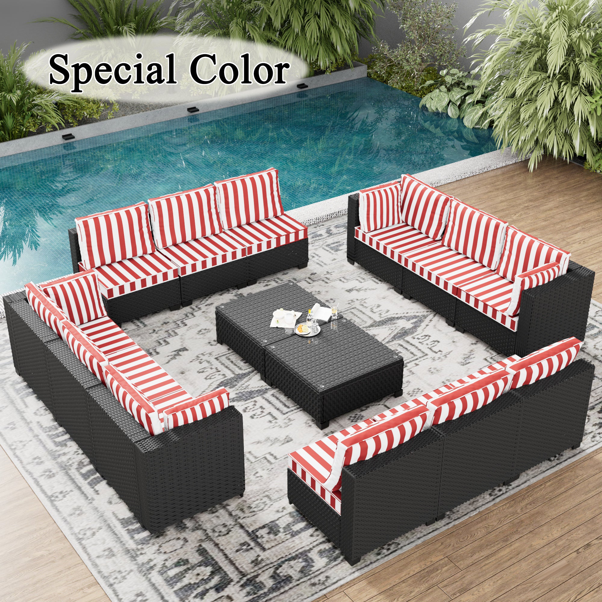 Ark Design 14-Piece Rattan Wicker Outdoor Patio Conversation SofaSeating Set with Coffee Table, Stripe Red Cushions with Sofa Protection Cover Option
