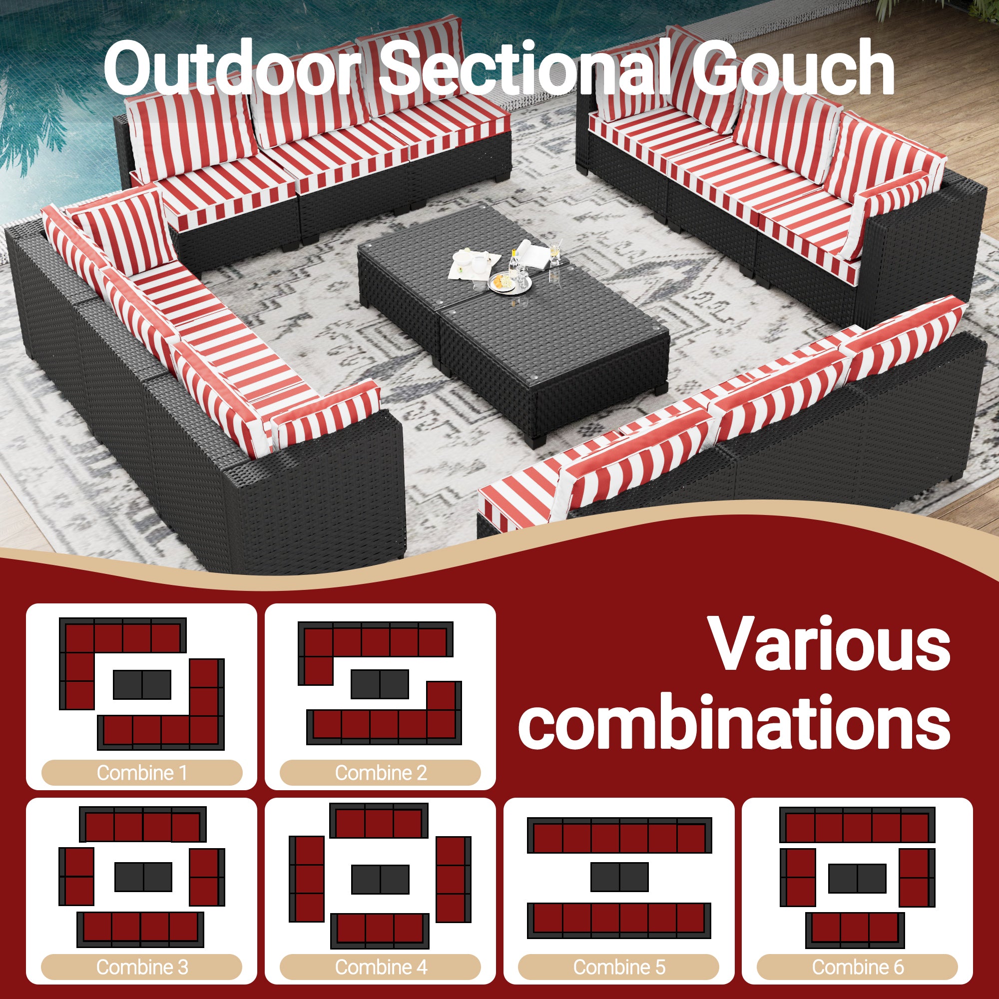 Ark Design 14-Piece Rattan Wicker Outdoor Patio Conversation SofaSeating Set with Coffee Table, Stripe Red Cushions with Sofa Protection Cover Option