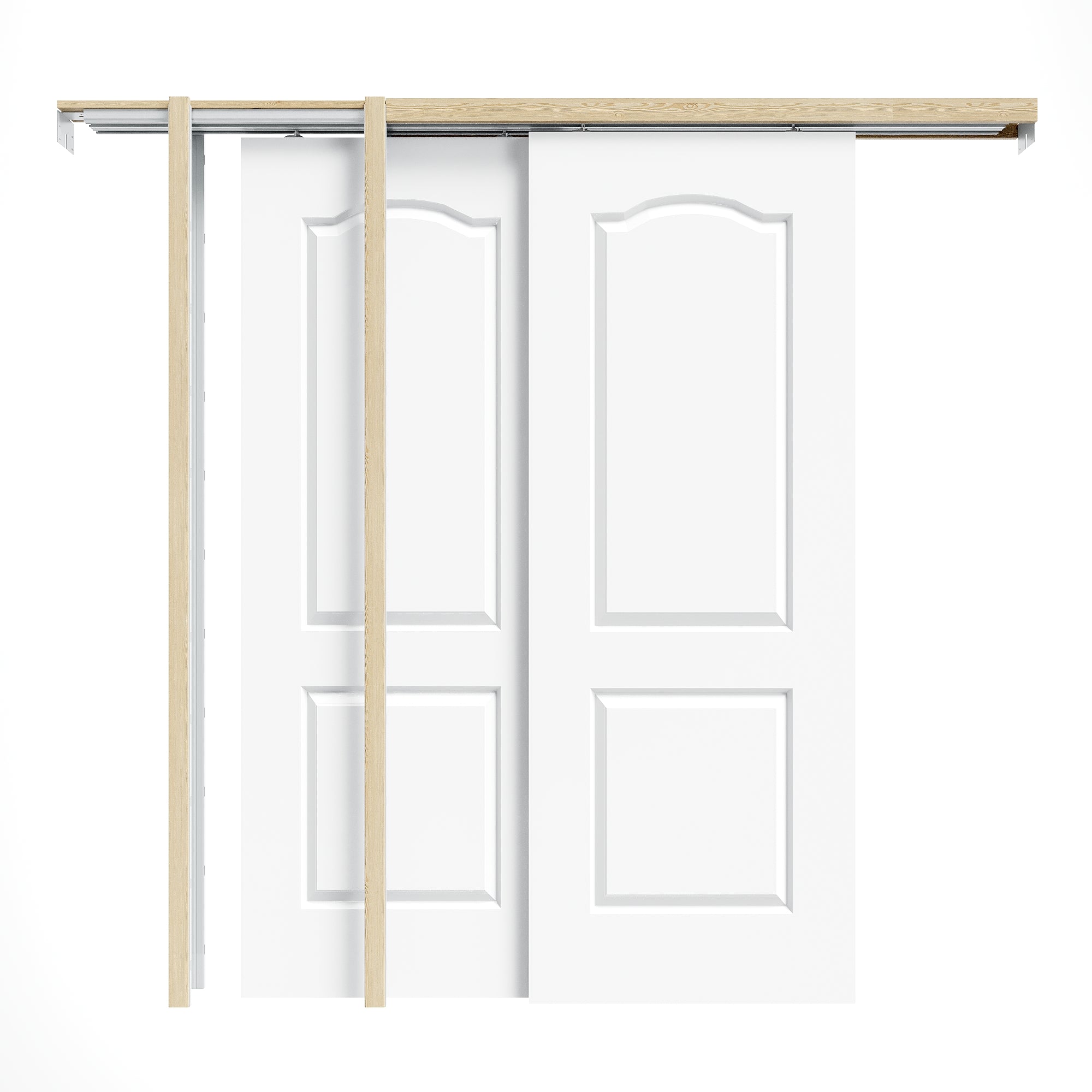 Ark Design Molded Arch Top 2 Panel Double Bypass Pocket Door with Hardware Kit & Soft Close & Frame, Solid Core MDF Wood & Paint-grade Finished, White