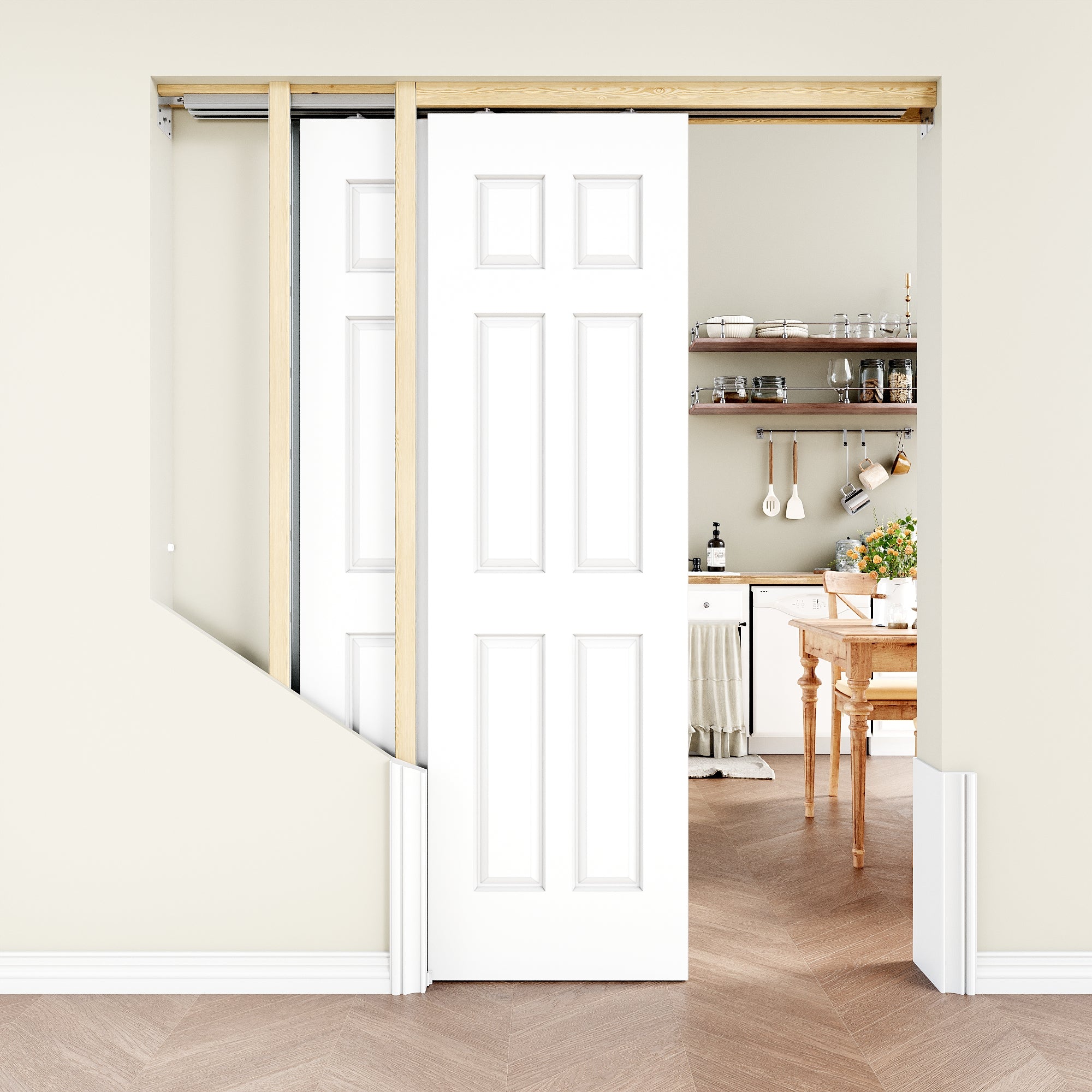 Ark Design Molded 6 Lite Panel Double Bypass Pocket Door with Hardware Kit & Soft Close & Frame, Solid Core MDF Wood & Paint-grade Finished, White