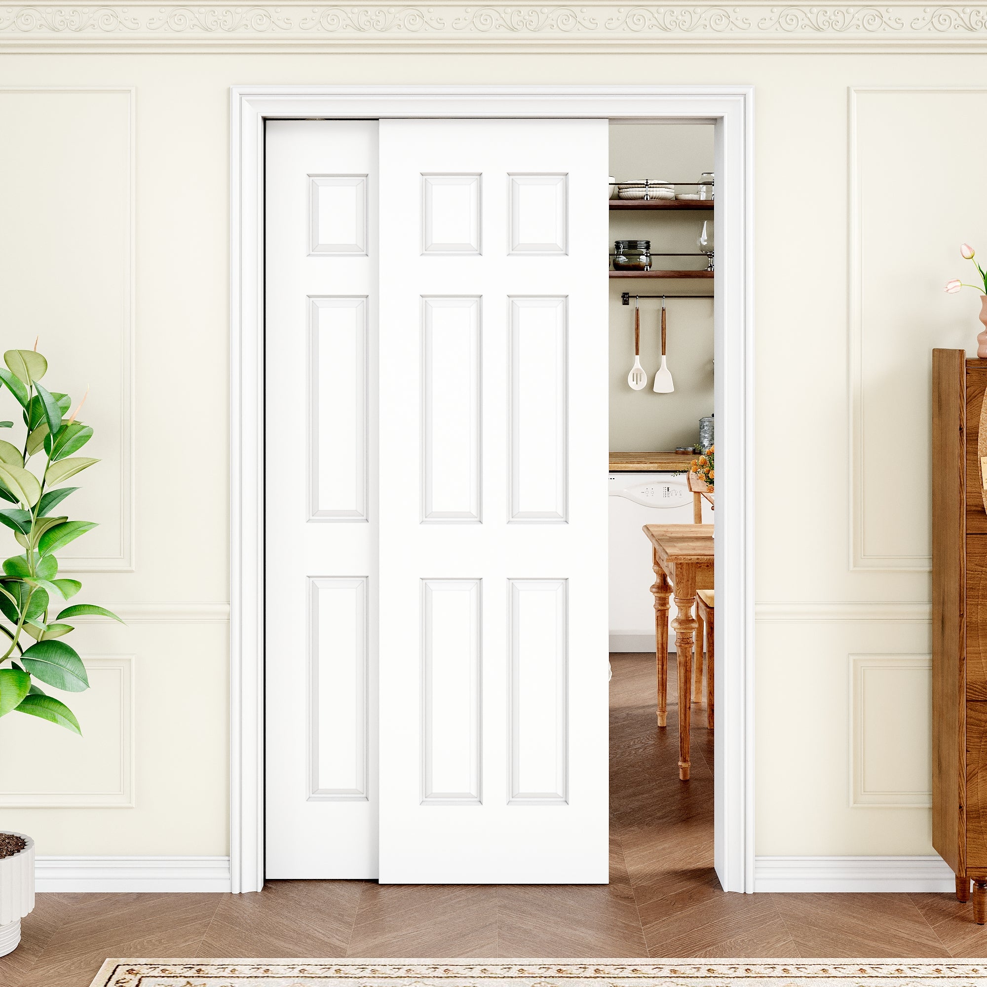Ark Design Molded 6 Lite Panel Double Bypass Pocket Door with Hardware Kit & Soft Close & Frame, Solid Core MDF Wood & Paint-grade Finished, White