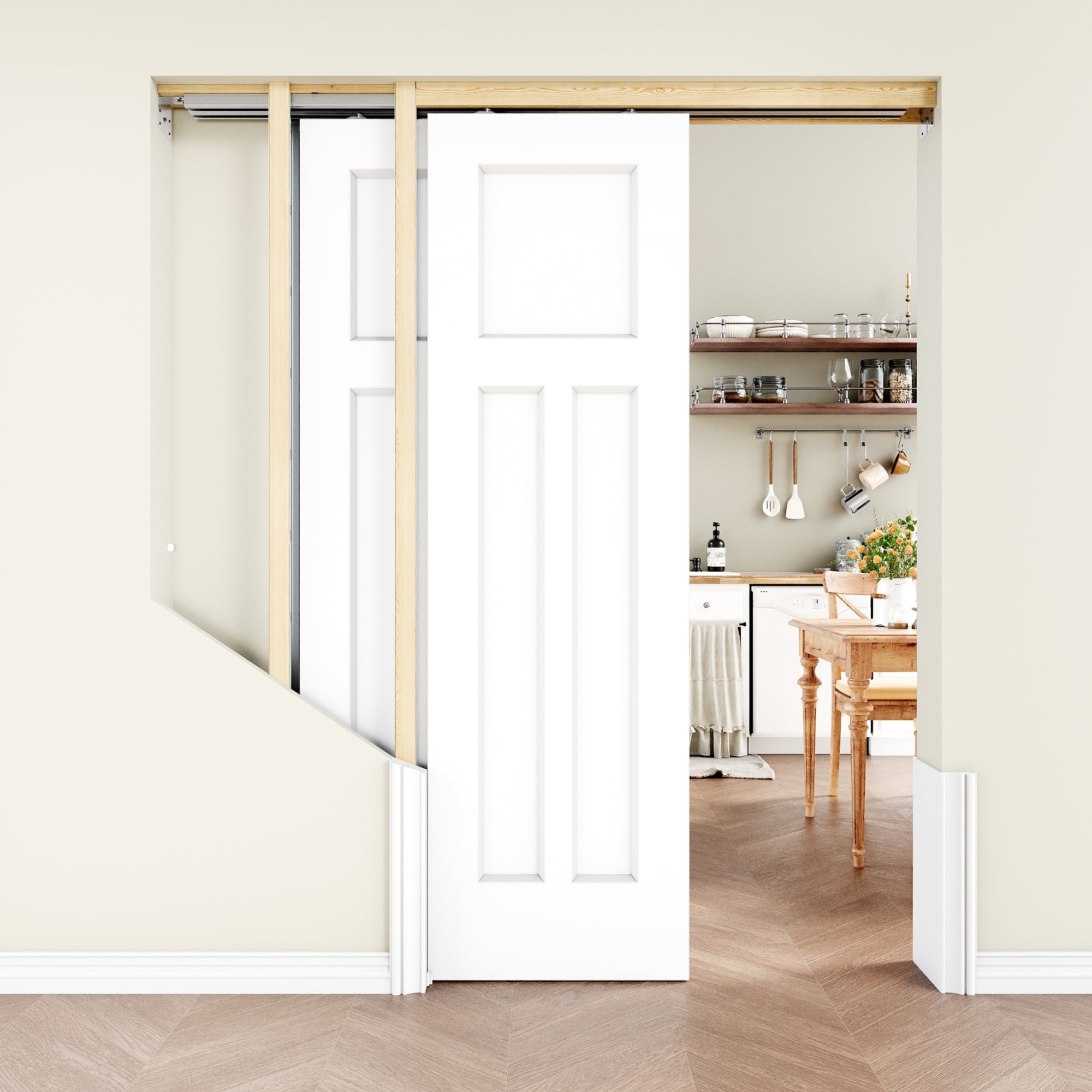 Ark Design Molded T Panel Double Bypass Pocket Door with Hardware Kit & Soft Close & Frame, Solid Core MDF Wood & Paint-grade Finished, White