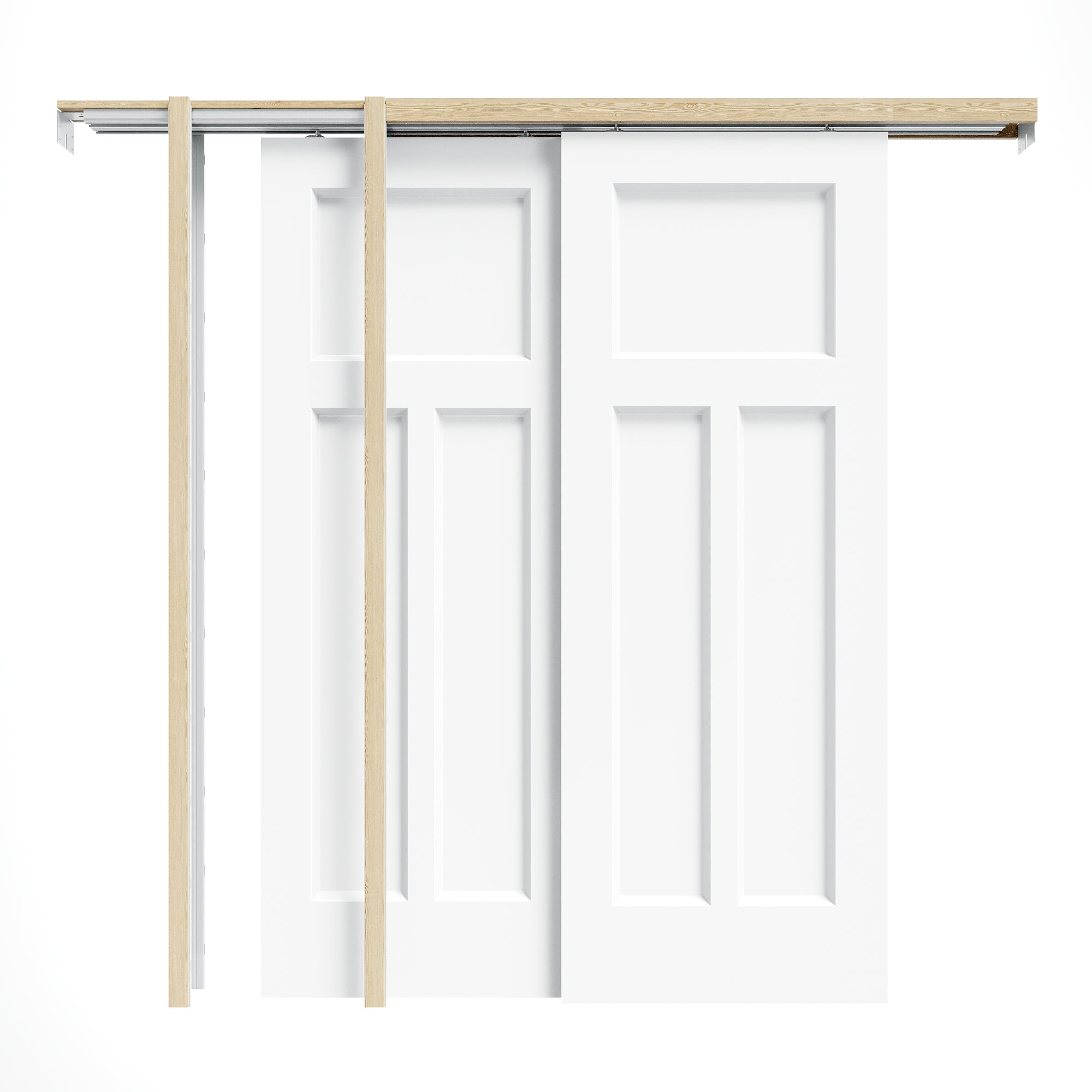 Ark Design Molded T Panel Double Bypass Pocket Door with Hardware Kit & Soft Close & Frame, Solid Core MDF Wood & Paint-grade Finished, White