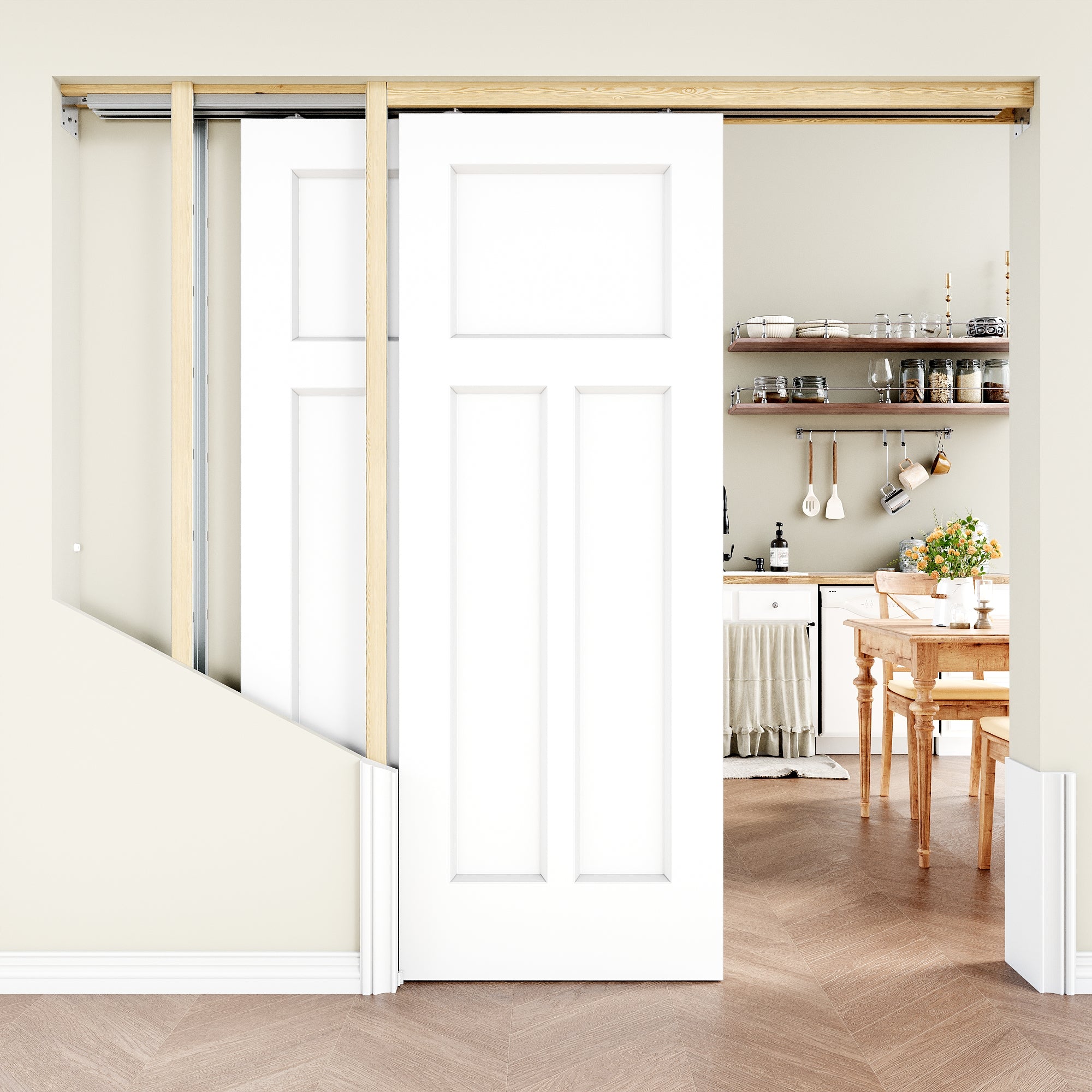 Ark Design Molded T Panel Double Bypass Pocket Door with Hardware Kit & Soft Close & Frame, Solid Core MDF Wood & Paint-grade Finished, White