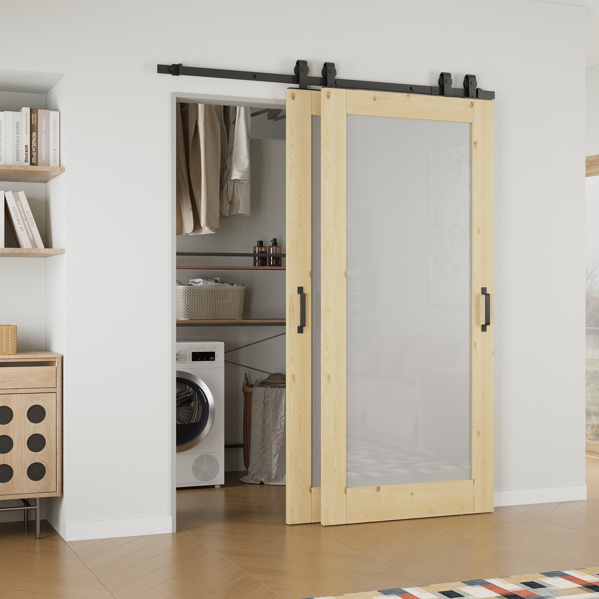 Ark Design Bypass Barn Door, 1-Lite Tempred Frosted Glass, Solid Pine Wood & Unfinished & Paintable Surface, With Hardware Kit Bypass