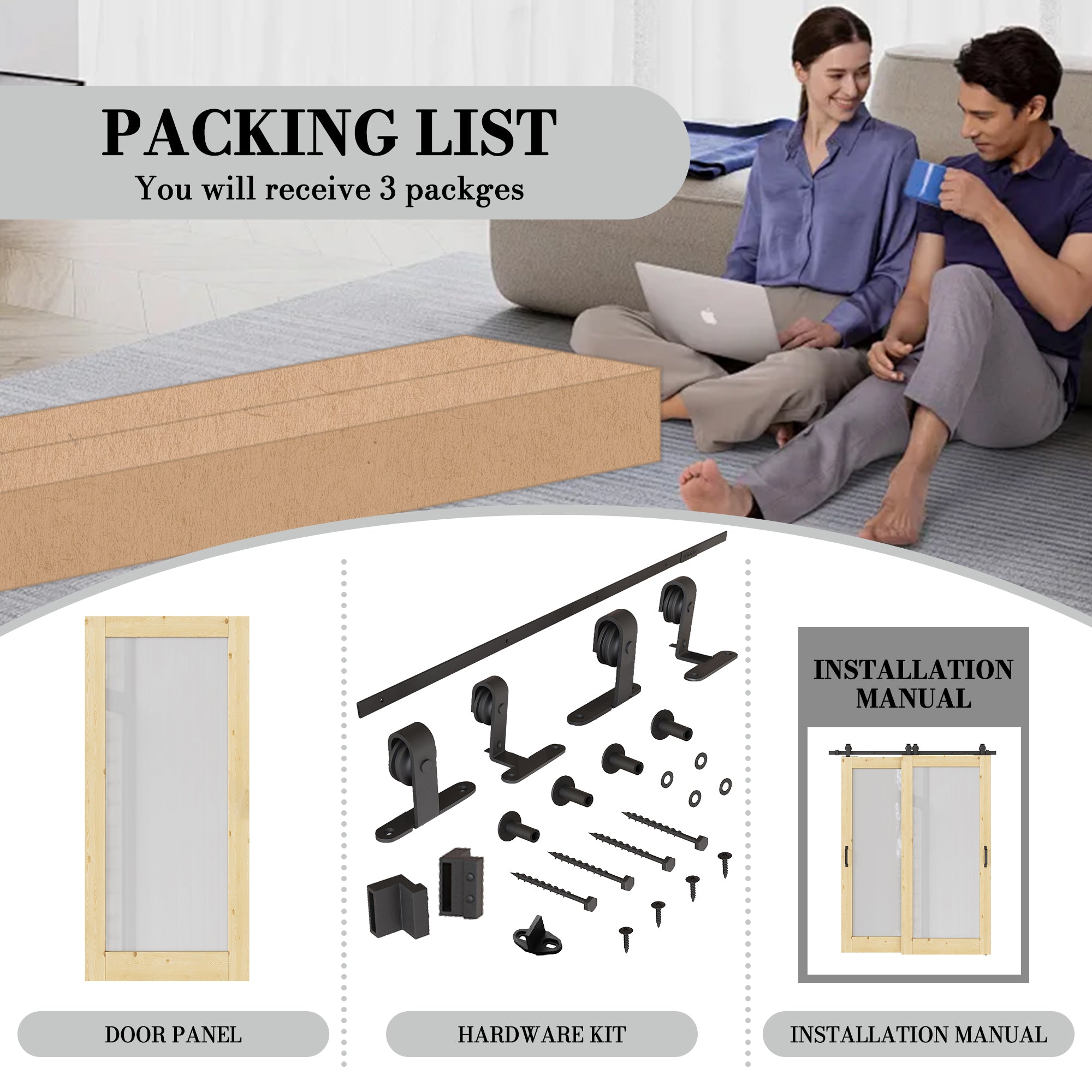 Ark Design Bypass Barn Door, 1-Lite Tempred Frosted Glass, Solid Pine Wood & Unfinished & Paintable Surface, With Hardware Kit Bypass