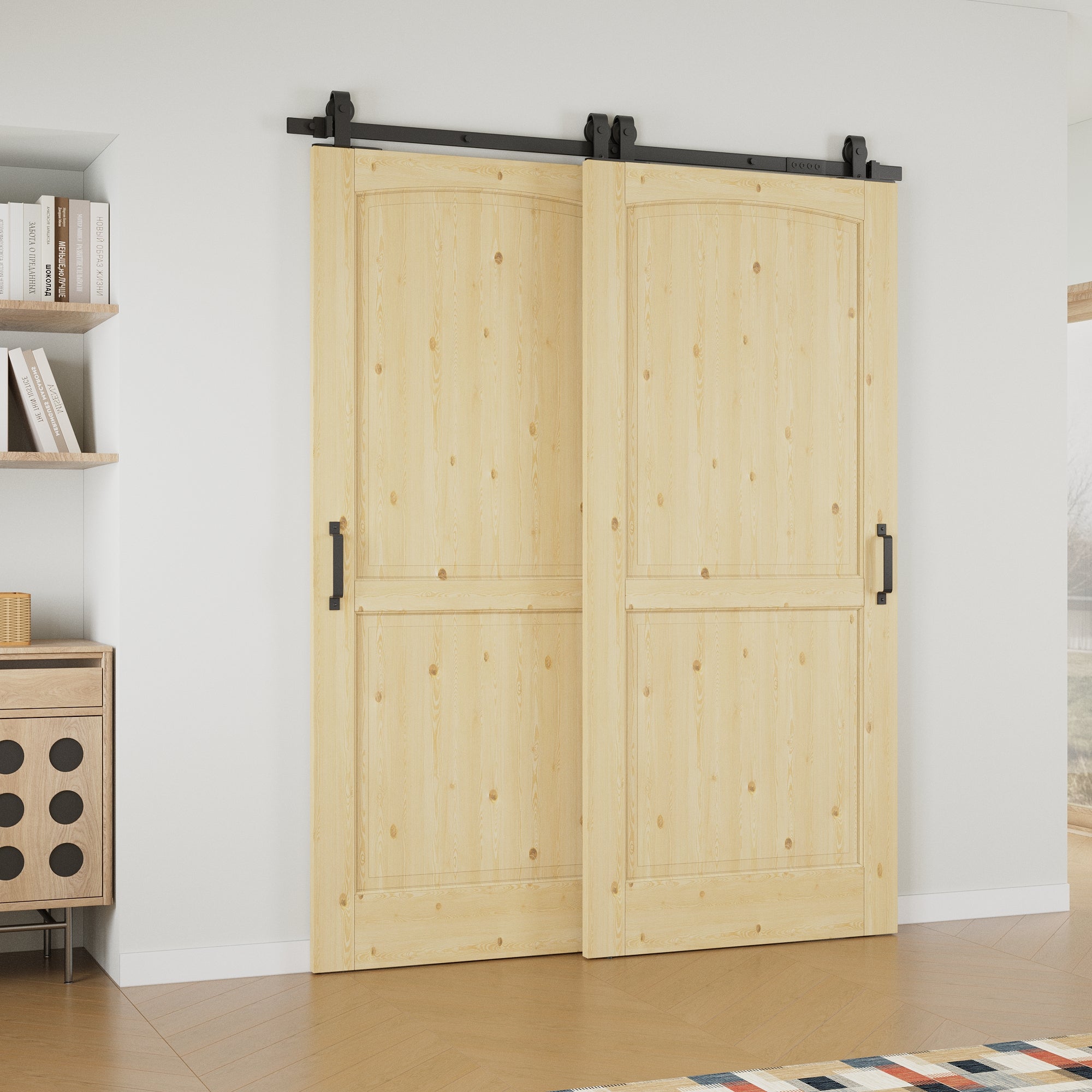 Ark Design Bypass Barn Door, 2-Lite Panel, Solid Pine Wood & Unfinished & Paintable Surface, With Hardware Kit Bypass