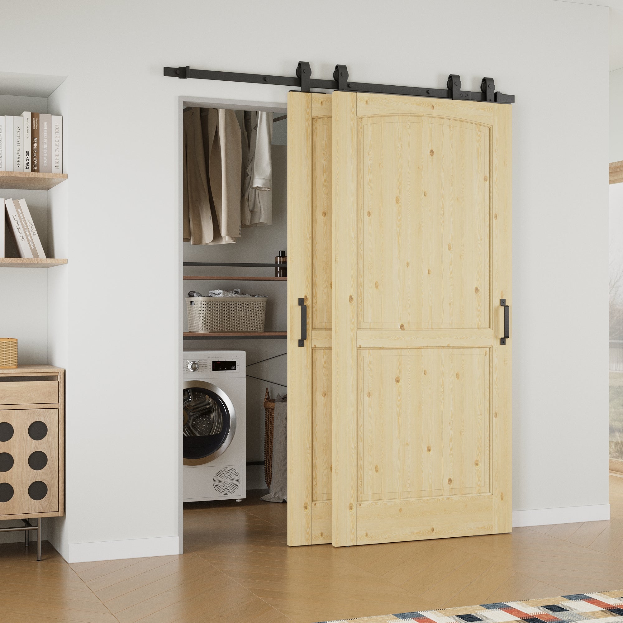 Ark Design Bypass Barn Door, 2-Lite Panel, Solid Pine Wood & Unfinished & Paintable Surface, With Hardware Kit Bypass
