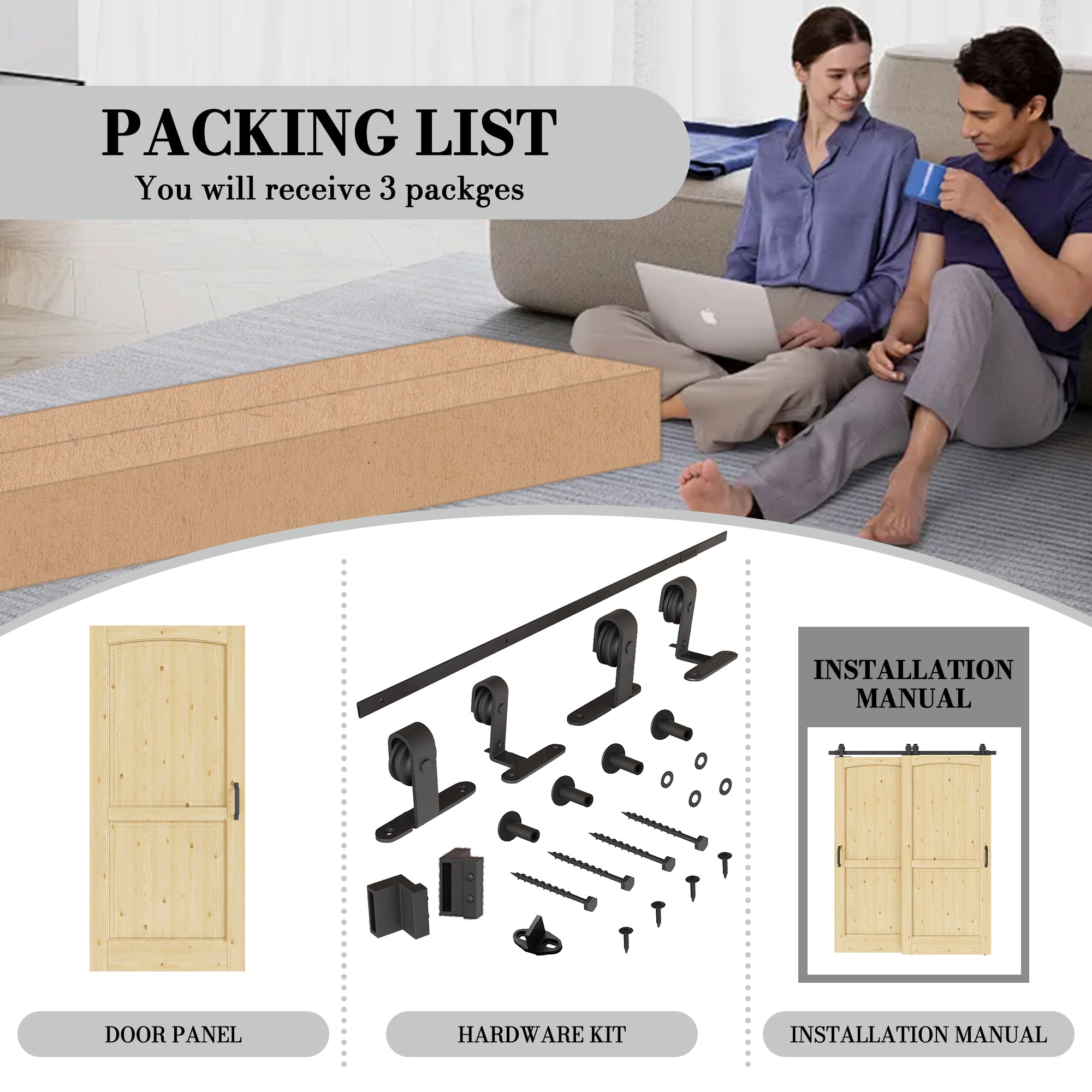 Ark Design Bypass Barn Door, 2-Lite Panel, Solid Pine Wood & Unfinished & Paintable Surface, With Hardware Kit Bypass