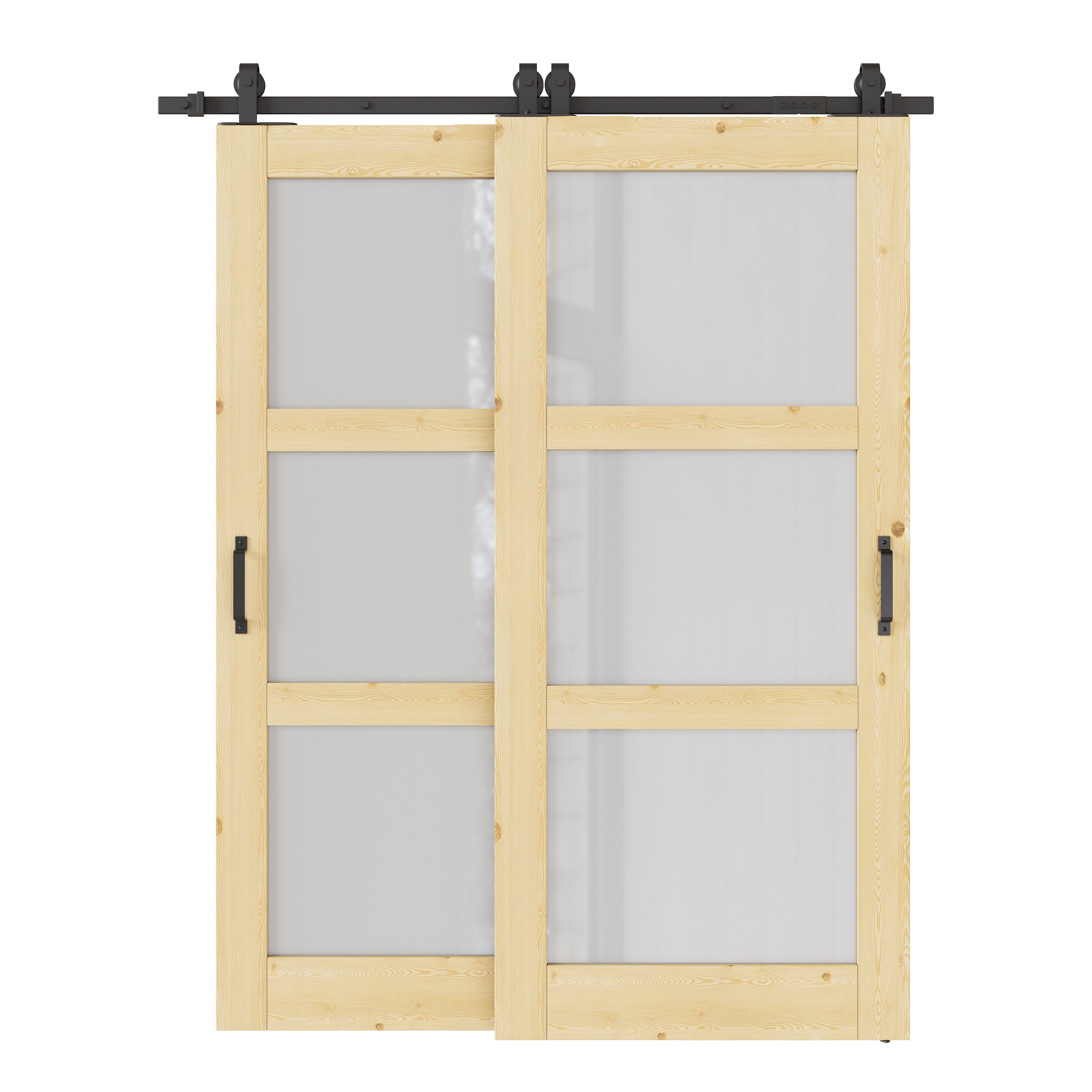 Ark Design Bypass Barn Door, 3-Lite Tempred Frosted Glass, Solid Pine Wood & Unfinished & Paintable Surface, With Hardware Kit Bypass