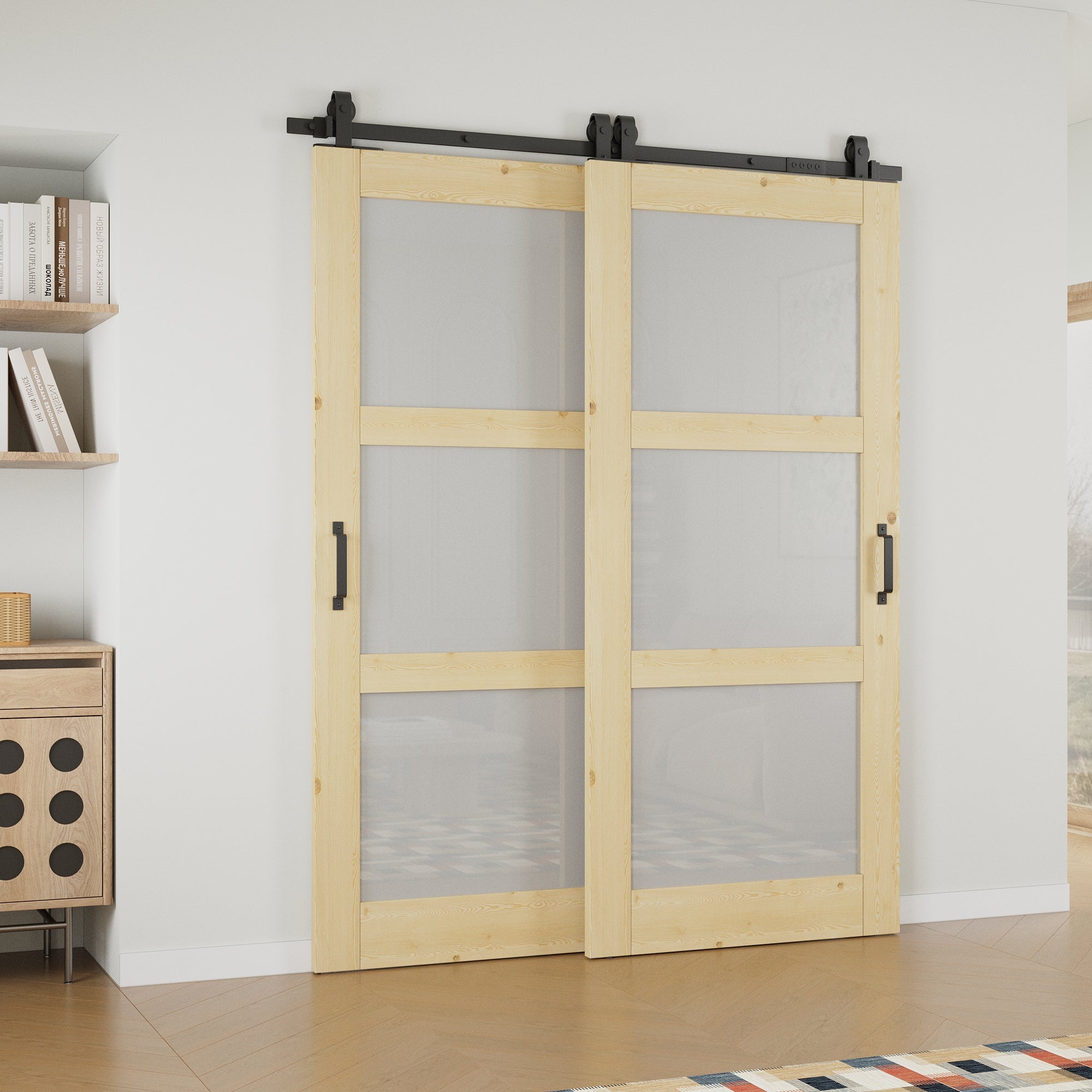 Ark Design Bypass Barn Door, 3-Lite Tempred Frosted Glass, Solid Pine Wood & Unfinished & Paintable Surface, With Hardware Kit Bypass