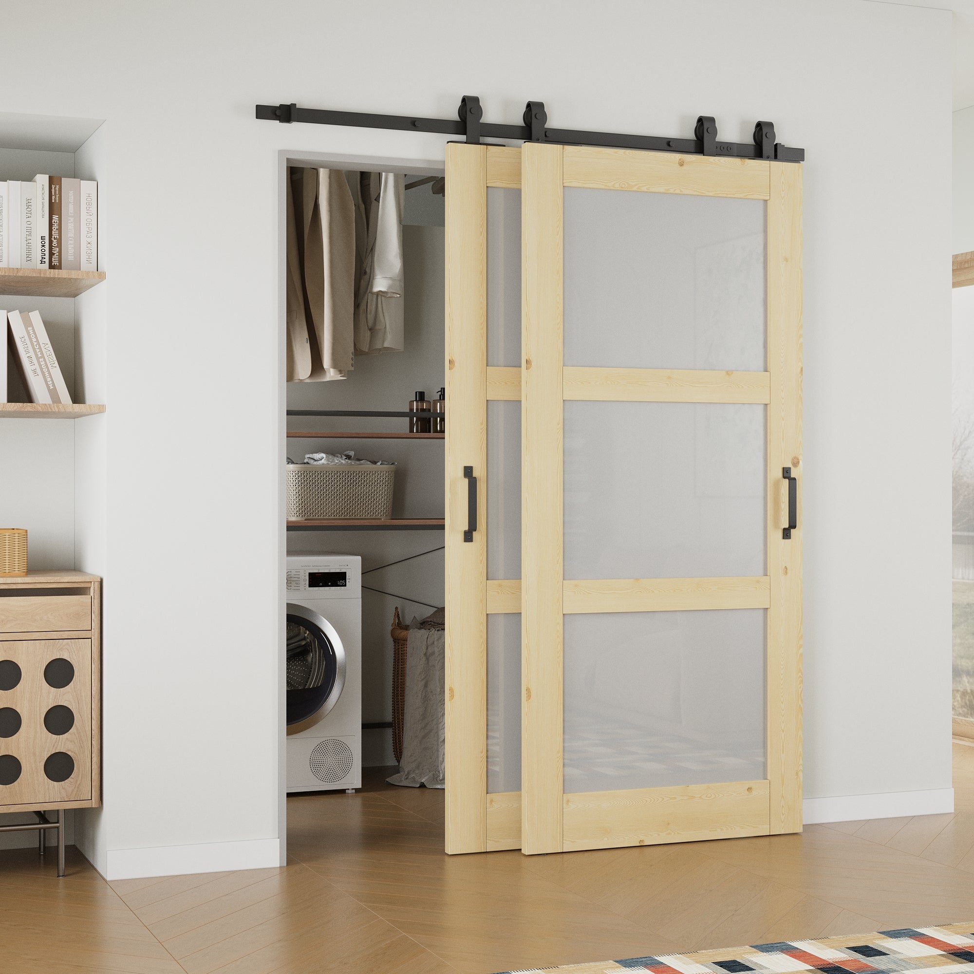 Ark Design Bypass Barn Door, 3-Lite Tempred Frosted Glass, Solid Pine Wood & Unfinished & Paintable Surface, With Hardware Kit Bypass