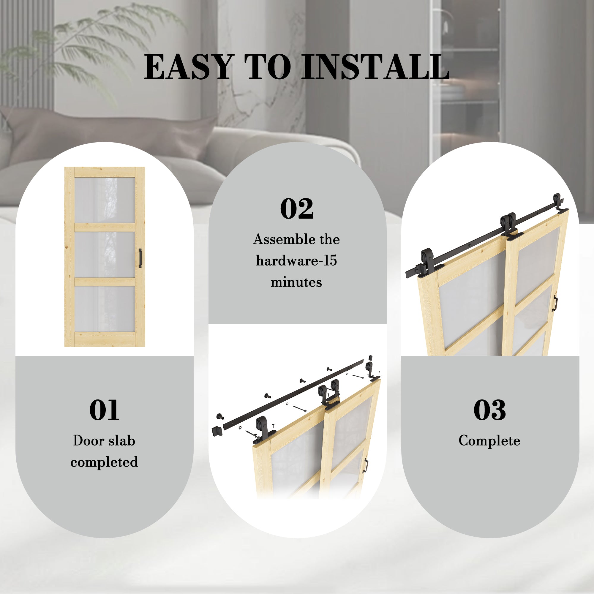Ark Design Bypass Barn Door, 3-Lite Tempred Frosted Glass, Solid Pine Wood & Unfinished & Paintable Surface, With Hardware Kit Bypass