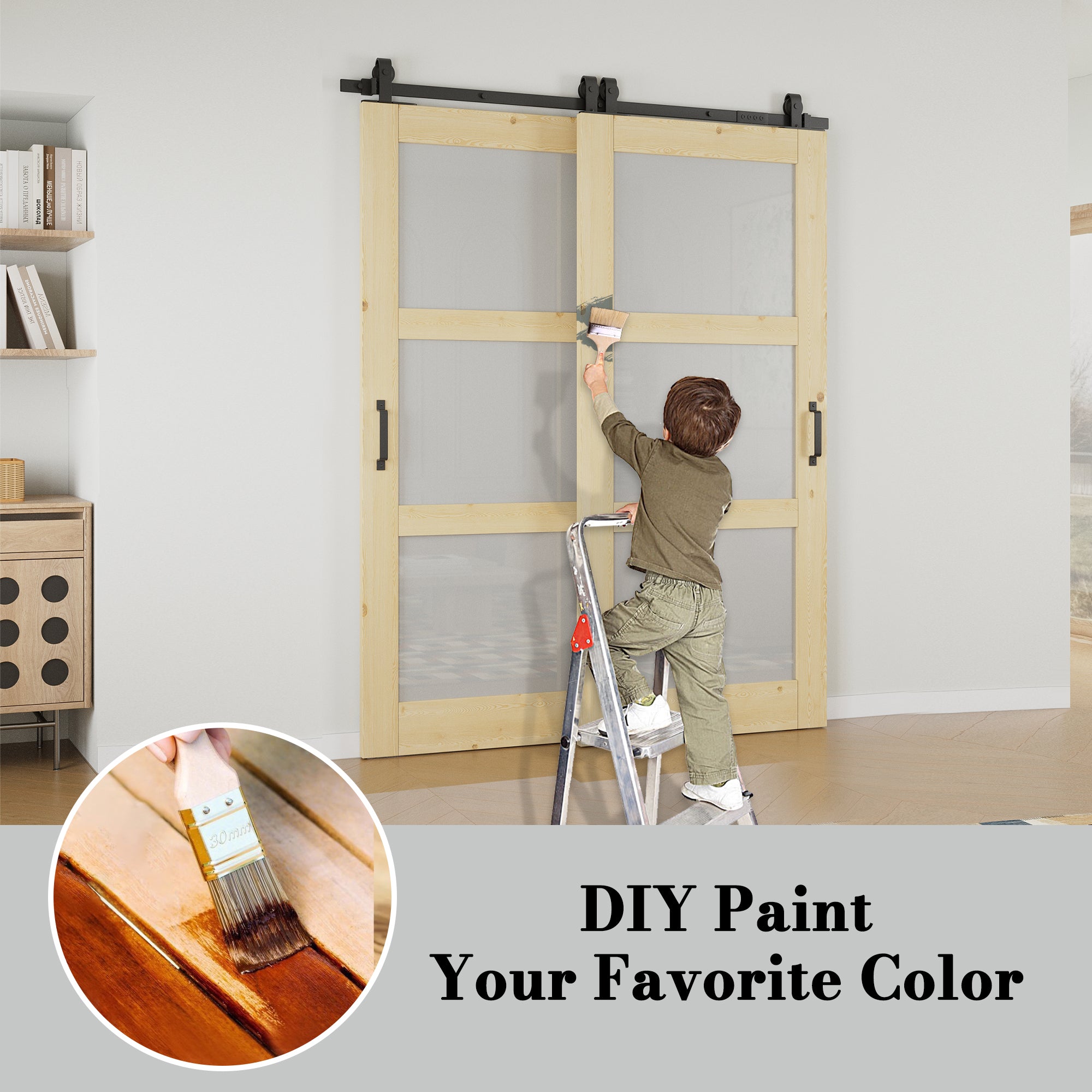 Ark Design Bypass Barn Door, 3-Lite Tempred Frosted Glass, Solid Pine Wood & Unfinished & Paintable Surface, With Hardware Kit Bypass