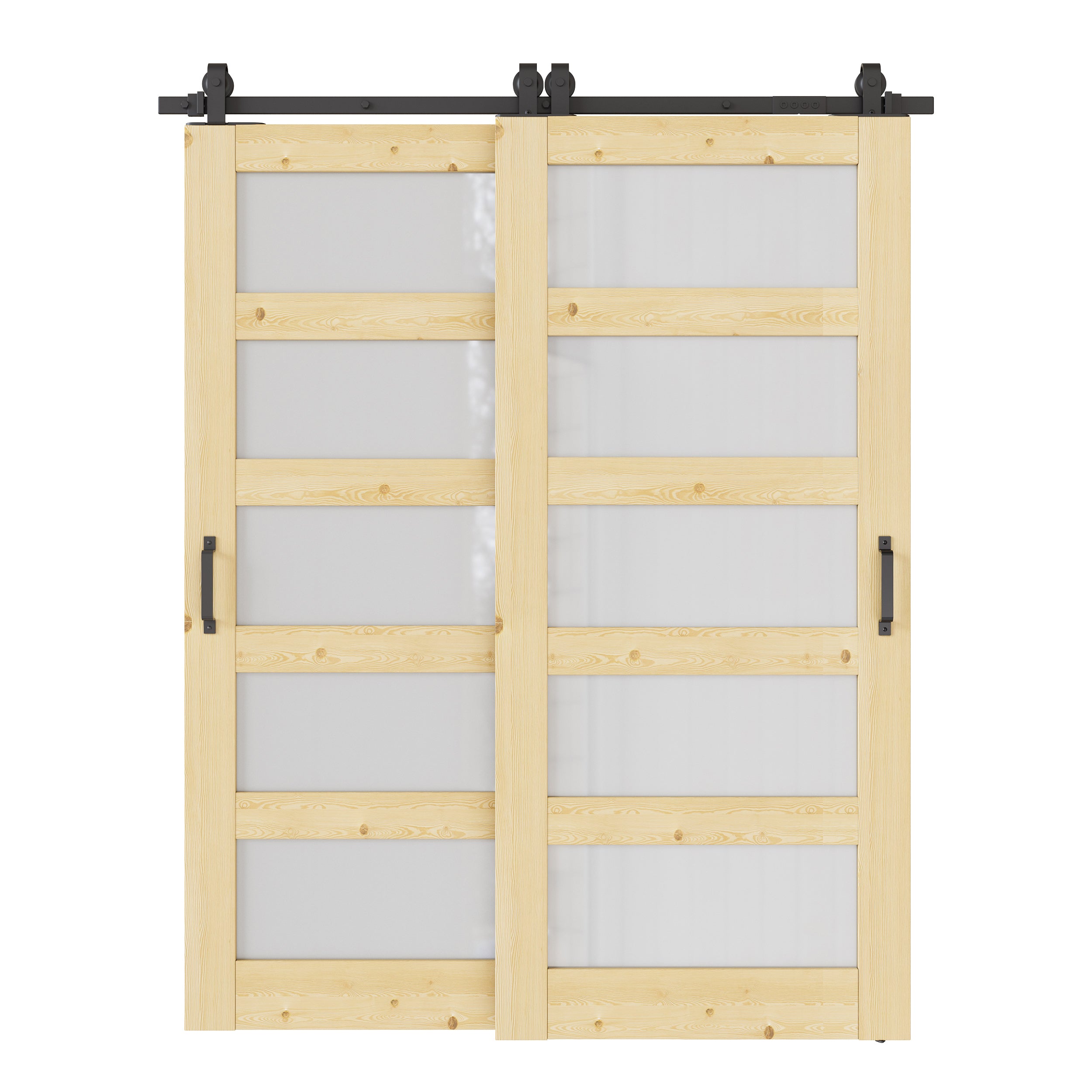 Ark Design Bypass Barn Door, 5-Lite Tempred Frosted Glass, Solid Pine Wood & Unfinished & Paintable Surface, With Hardware Kit Bypass