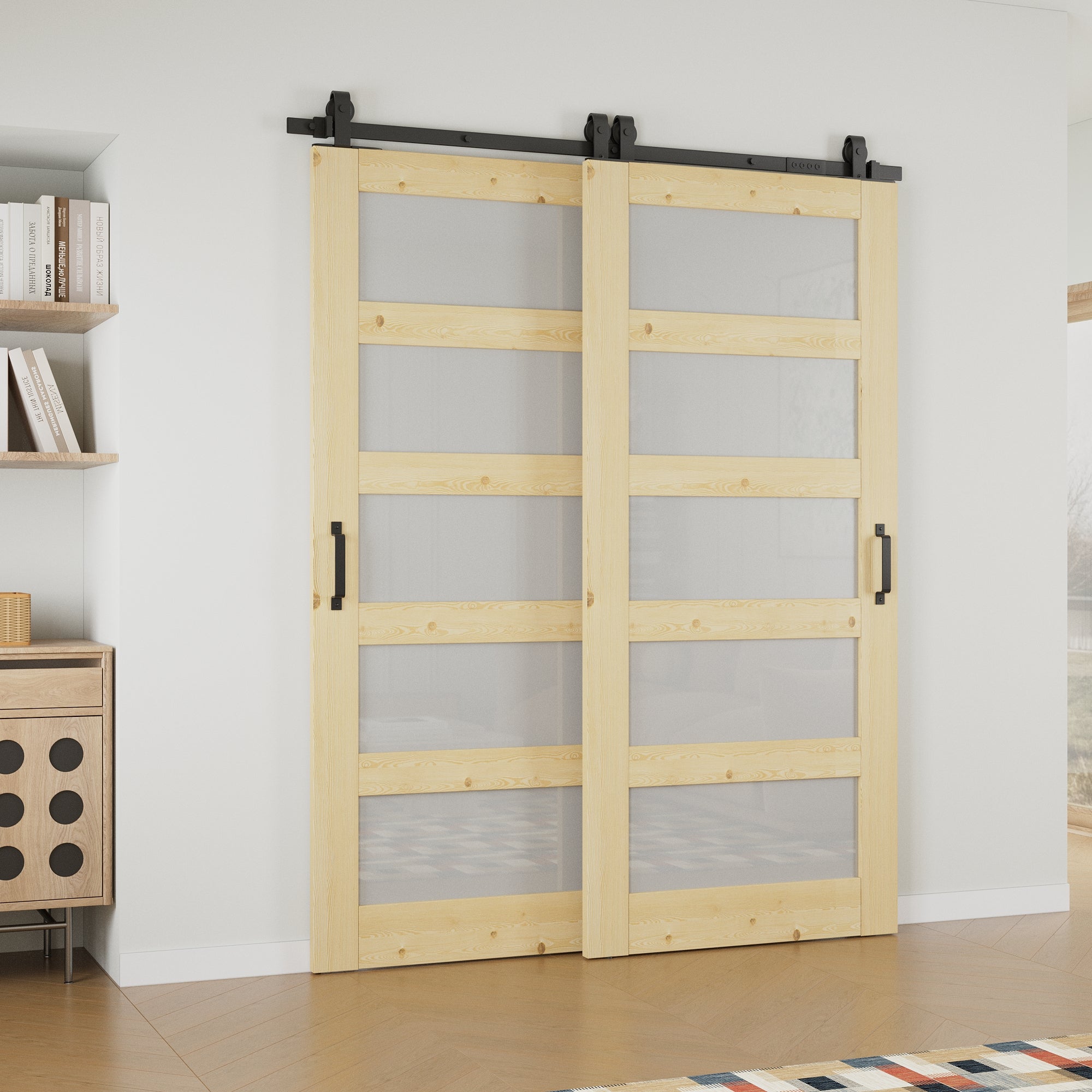Ark Design Bypass Barn Door, 5-Lite Tempred Frosted Glass, Solid Pine Wood & Unfinished & Paintable Surface, With Hardware Kit Bypass