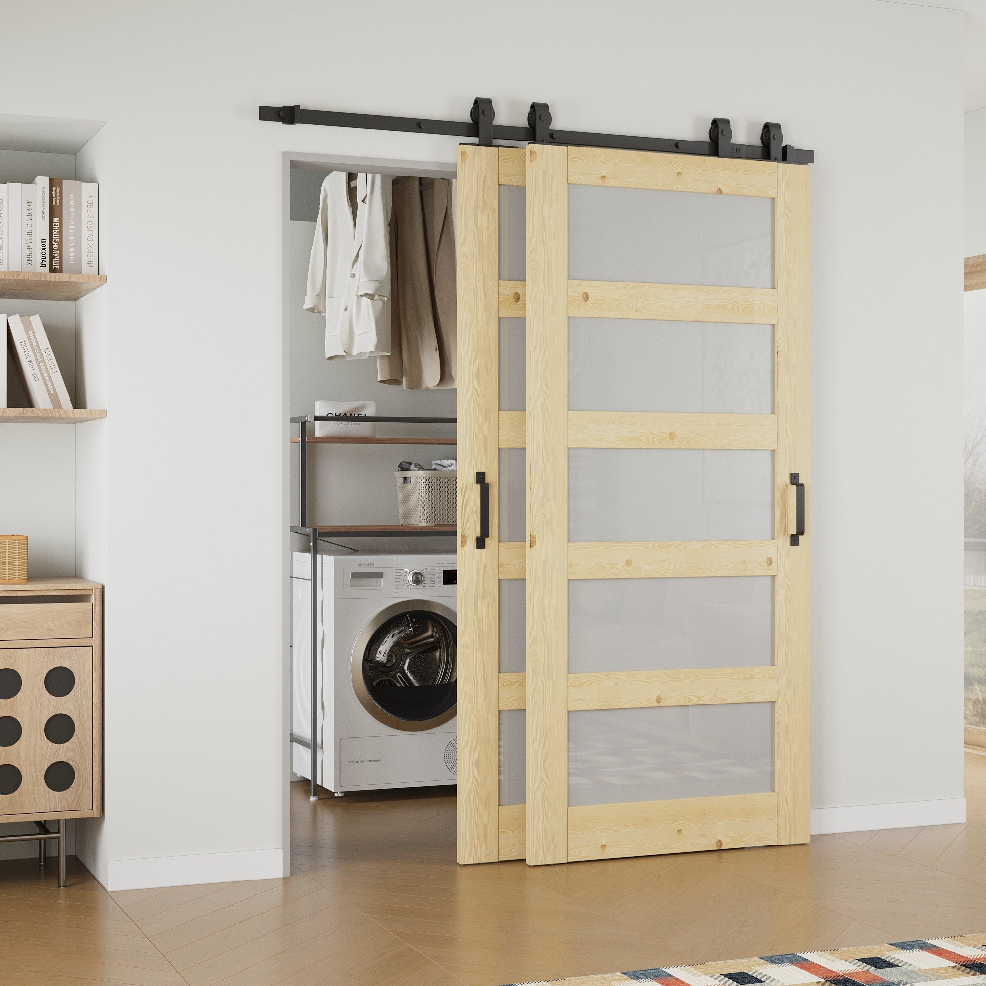 Ark Design Bypass Barn Door, 5-Lite Tempred Frosted Glass, Solid Pine Wood & Unfinished & Paintable Surface, With Hardware Kit Bypass