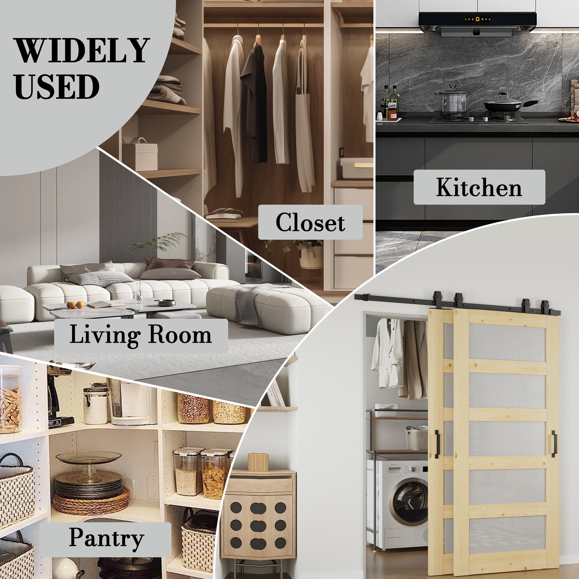 Ark Design Bypass Barn Door, 5-Lite Tempred Frosted Glass, Solid Pine Wood & Unfinished & Paintable Surface, With Hardware Kit Bypass