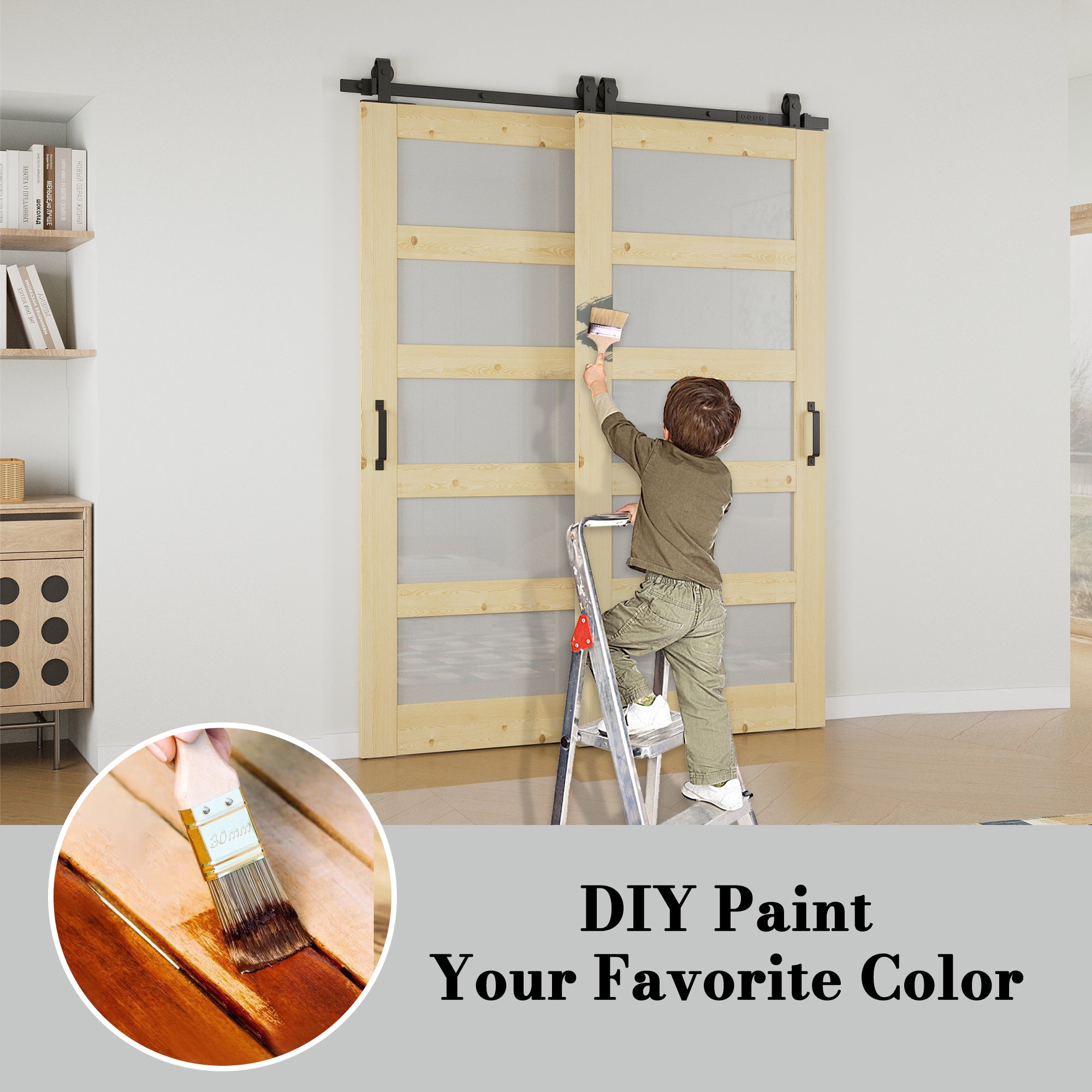Ark Design Bypass Barn Door, 5-Lite Tempred Frosted Glass, Solid Pine Wood & Unfinished & Paintable Surface, With Hardware Kit Bypass