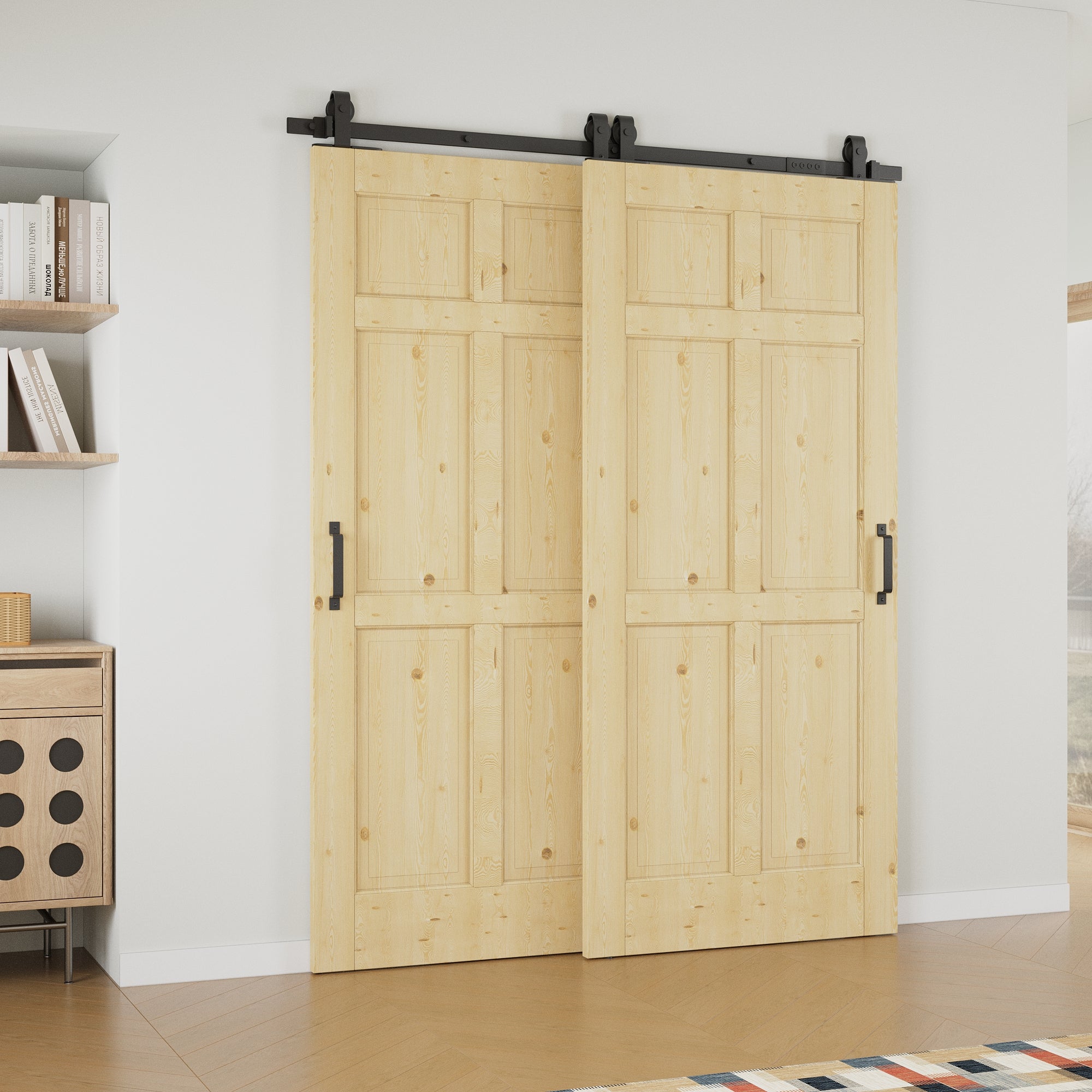Ark Design Bypass Barn Door, 6-Lite Panel, Solid Pine Wood & Unfinished & Paintable Surface, With Hardware Kit Bypass