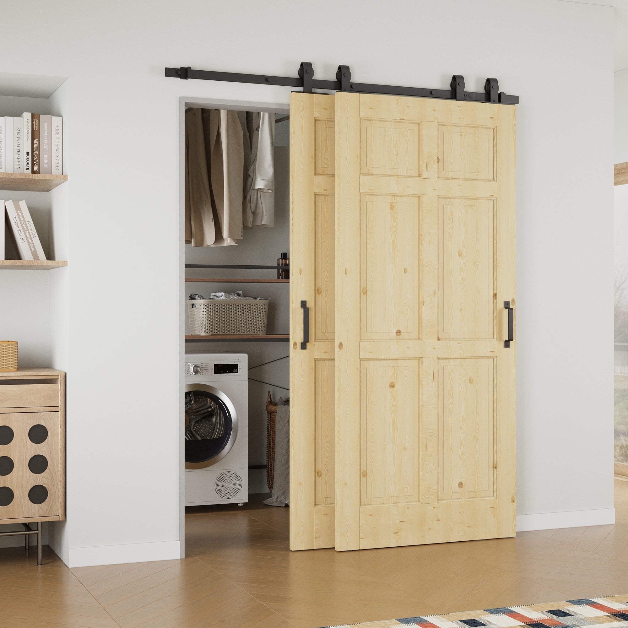 Ark Design Bypass Barn Door, 6-Lite Panel, Solid Pine Wood & Unfinished & Paintable Surface, With Hardware Kit Bypass