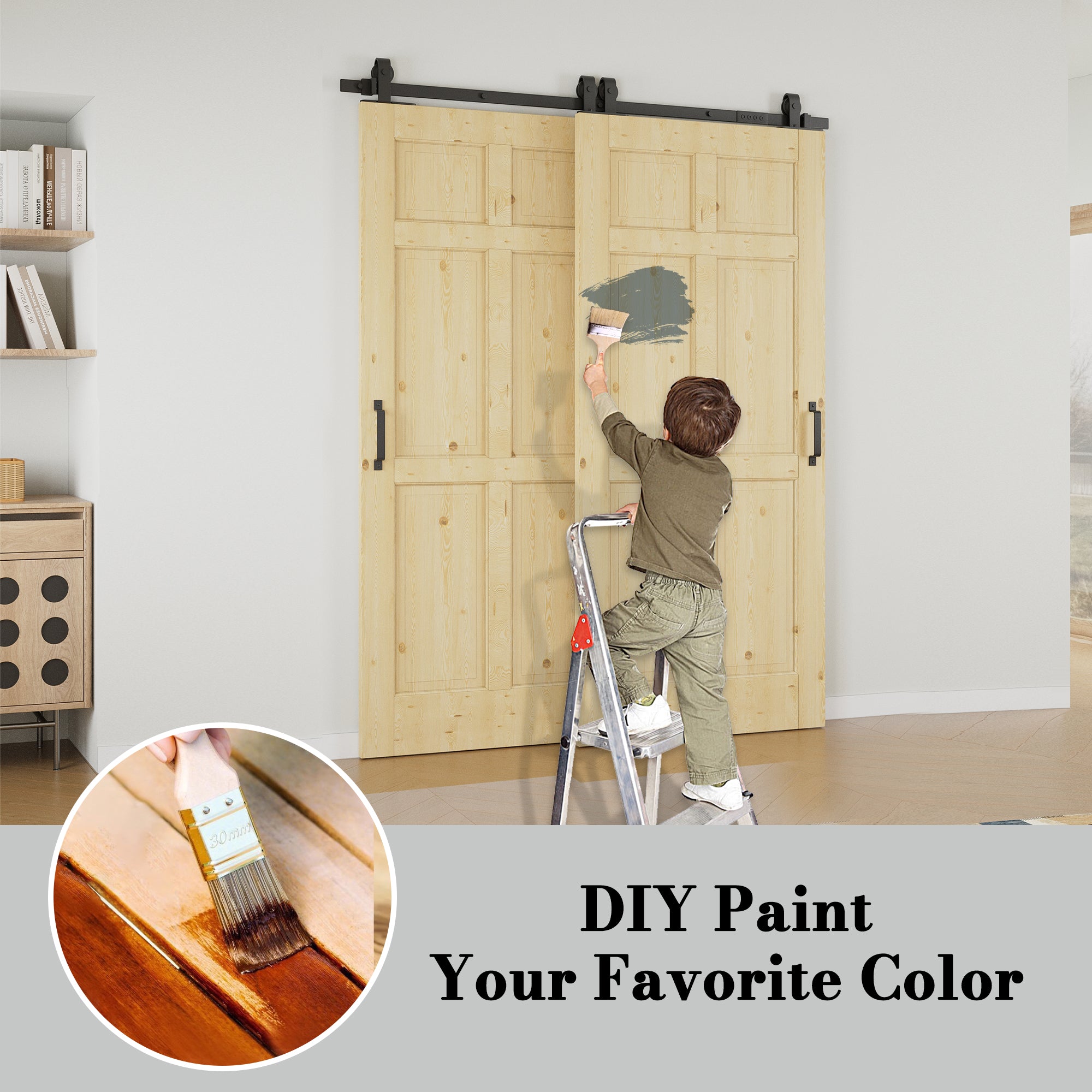 Ark Design Bypass Barn Door, 6-Lite Panel, Solid Pine Wood & Unfinished & Paintable Surface, With Hardware Kit Bypass