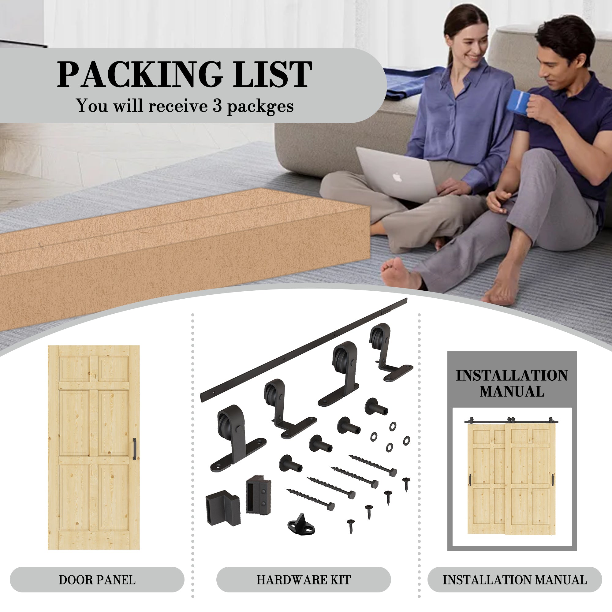 Ark Design Bypass Barn Door, 6-Lite Panel, Solid Pine Wood & Unfinished & Paintable Surface, With Hardware Kit Bypass