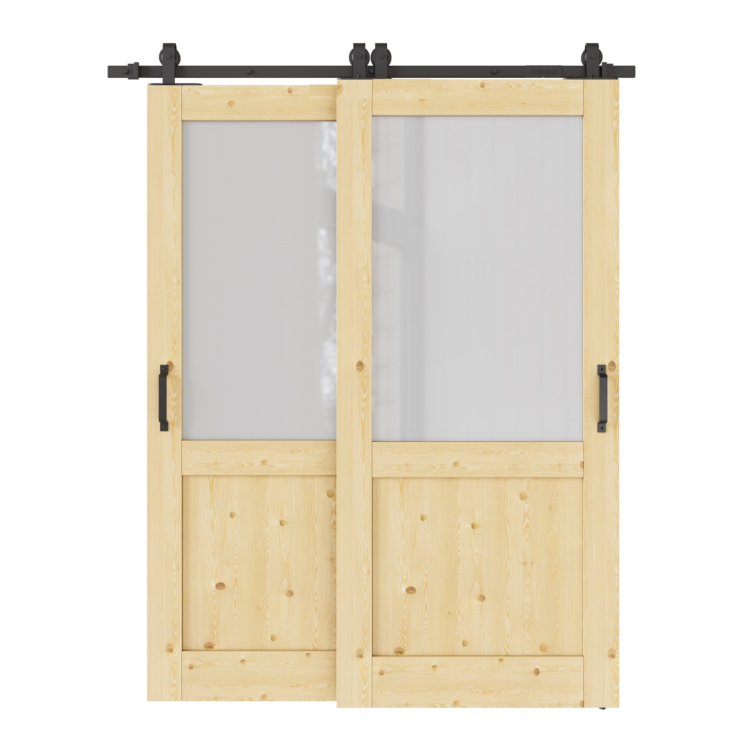 Ark Design Bypass Barn Door, Half-Lite Tempred Frosted Glass, Solid Pine Wood & Unfinished & Paintable Surface, With Hardware Kit Bypass