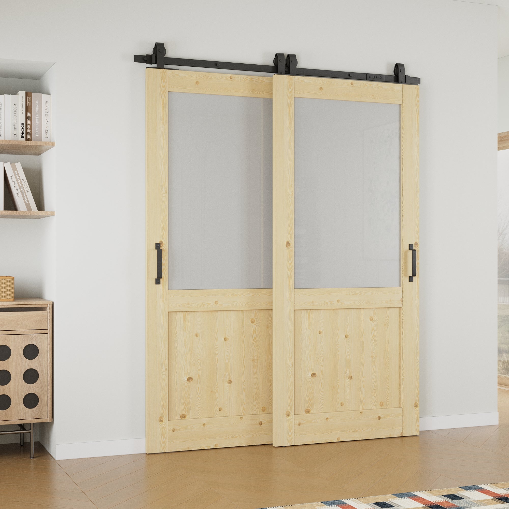 Ark Design Bypass Barn Door, Half-Lite Tempred Frosted Glass, Solid Pine Wood & Unfinished & Paintable Surface, With Hardware Kit Bypass