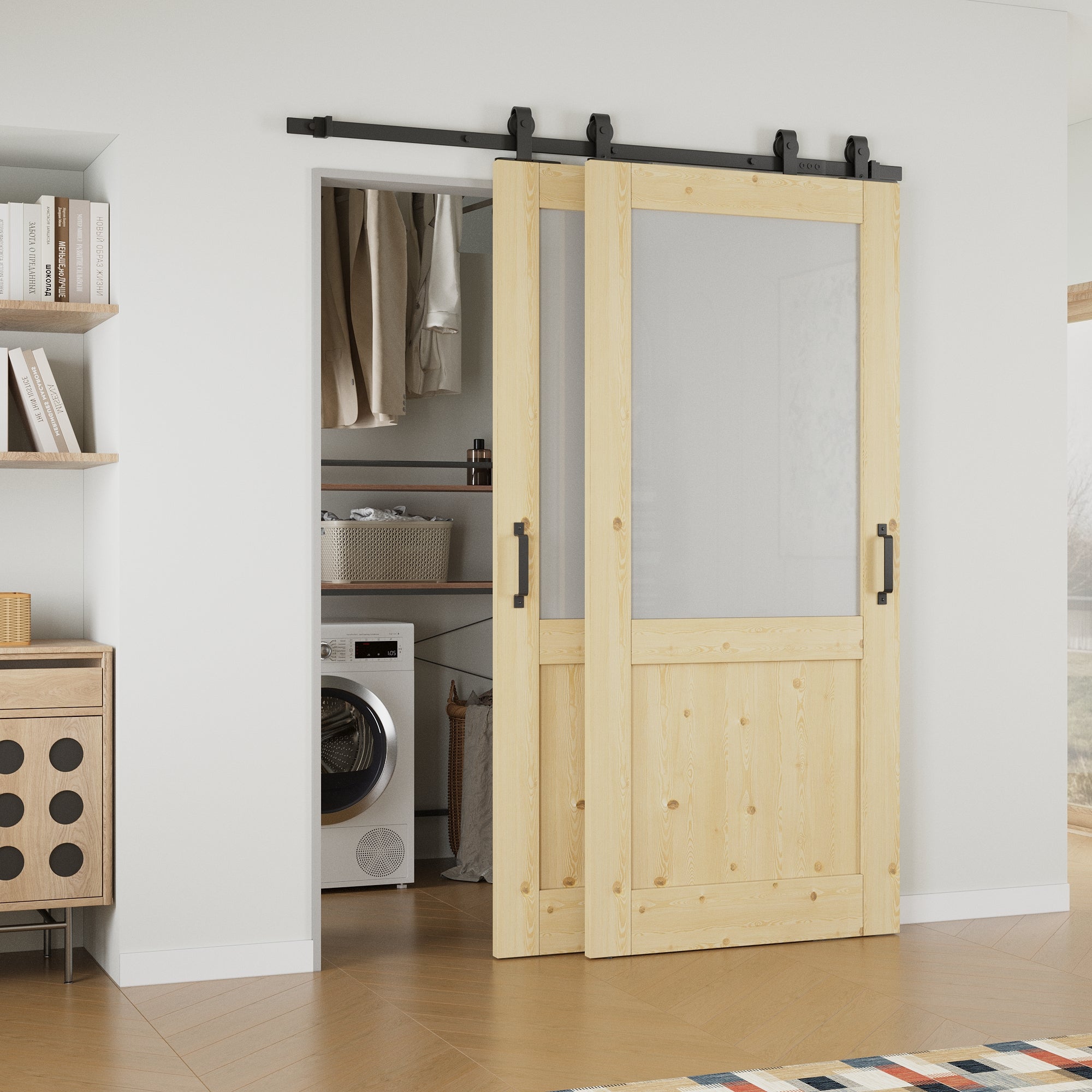 Ark Design Bypass Barn Door, Half-Lite Tempred Frosted Glass, Solid Pine Wood & Unfinished & Paintable Surface, With Hardware Kit Bypass