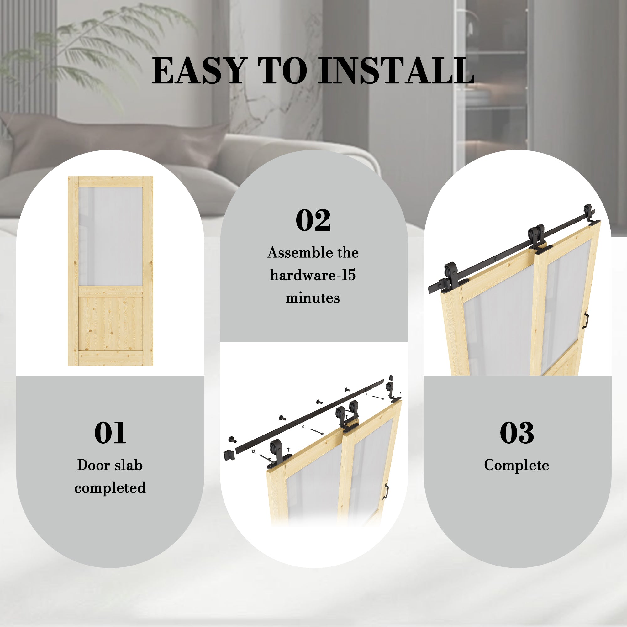 Ark Design Bypass Barn Door, Half-Lite Tempred Frosted Glass, Solid Pine Wood & Unfinished & Paintable Surface, With Hardware Kit Bypass