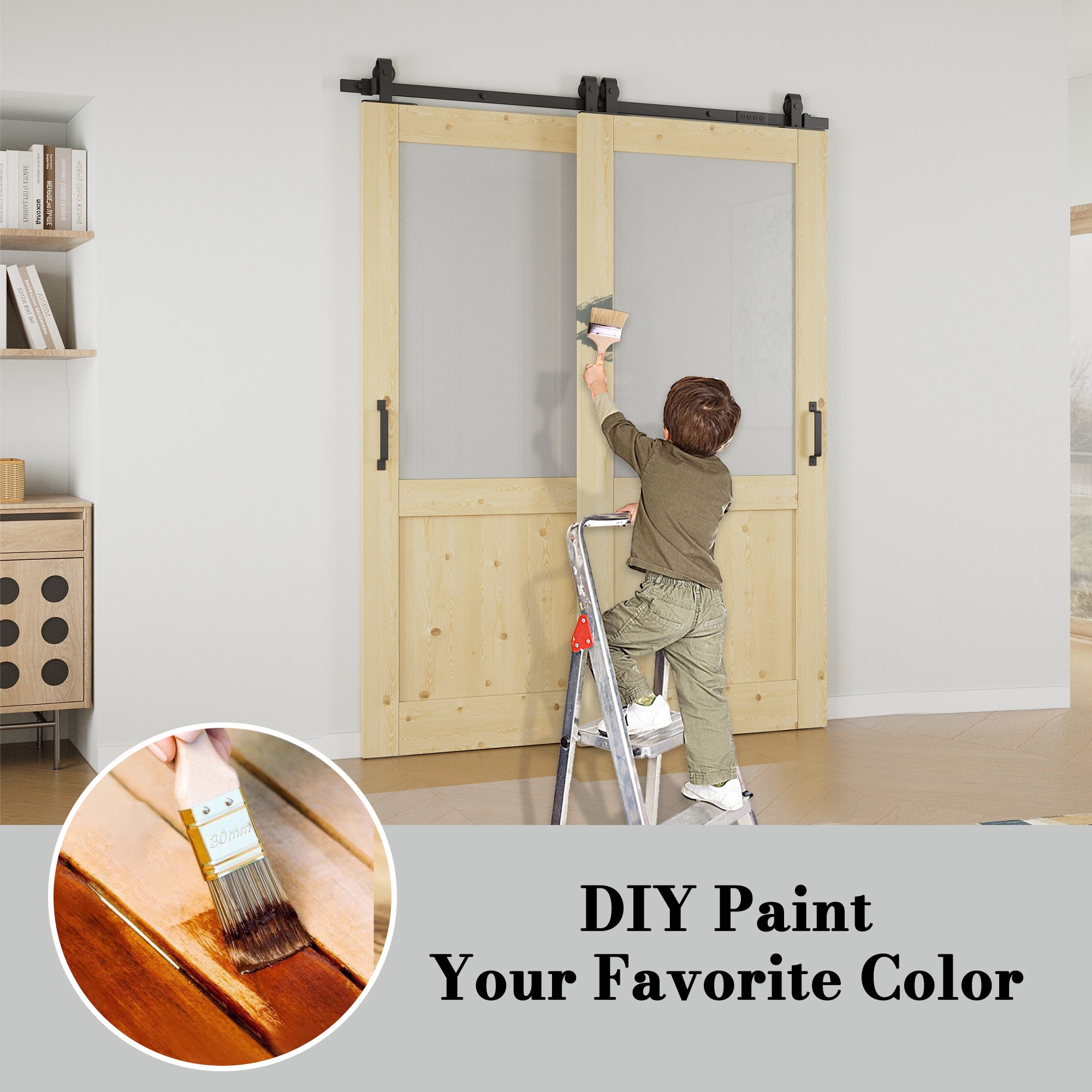 Ark Design Bypass Barn Door, Half-Lite Tempred Frosted Glass, Solid Pine Wood & Unfinished & Paintable Surface, With Hardware Kit Bypass