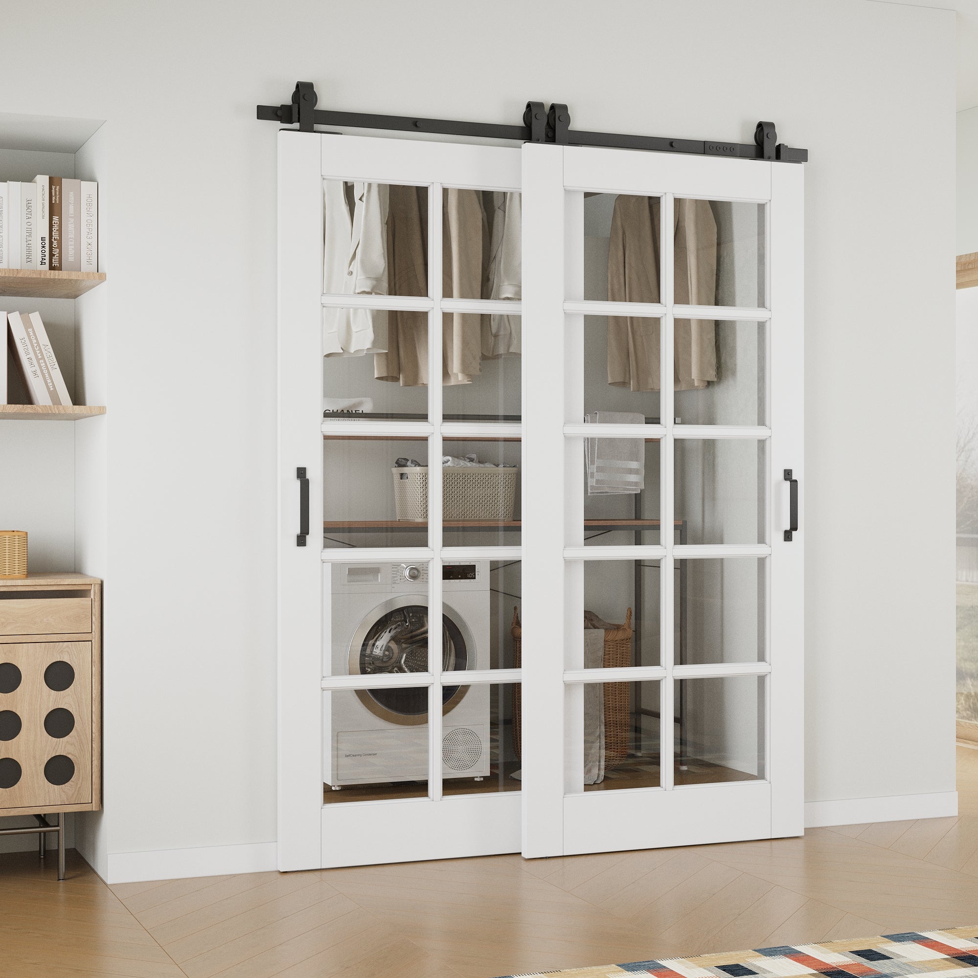 Ark Design Bypass Barn Door, 10-Lite Clear Glass, Solid Core MDF & Pre-finished & Paintable Surface, With Hardware Kit Bypass, White