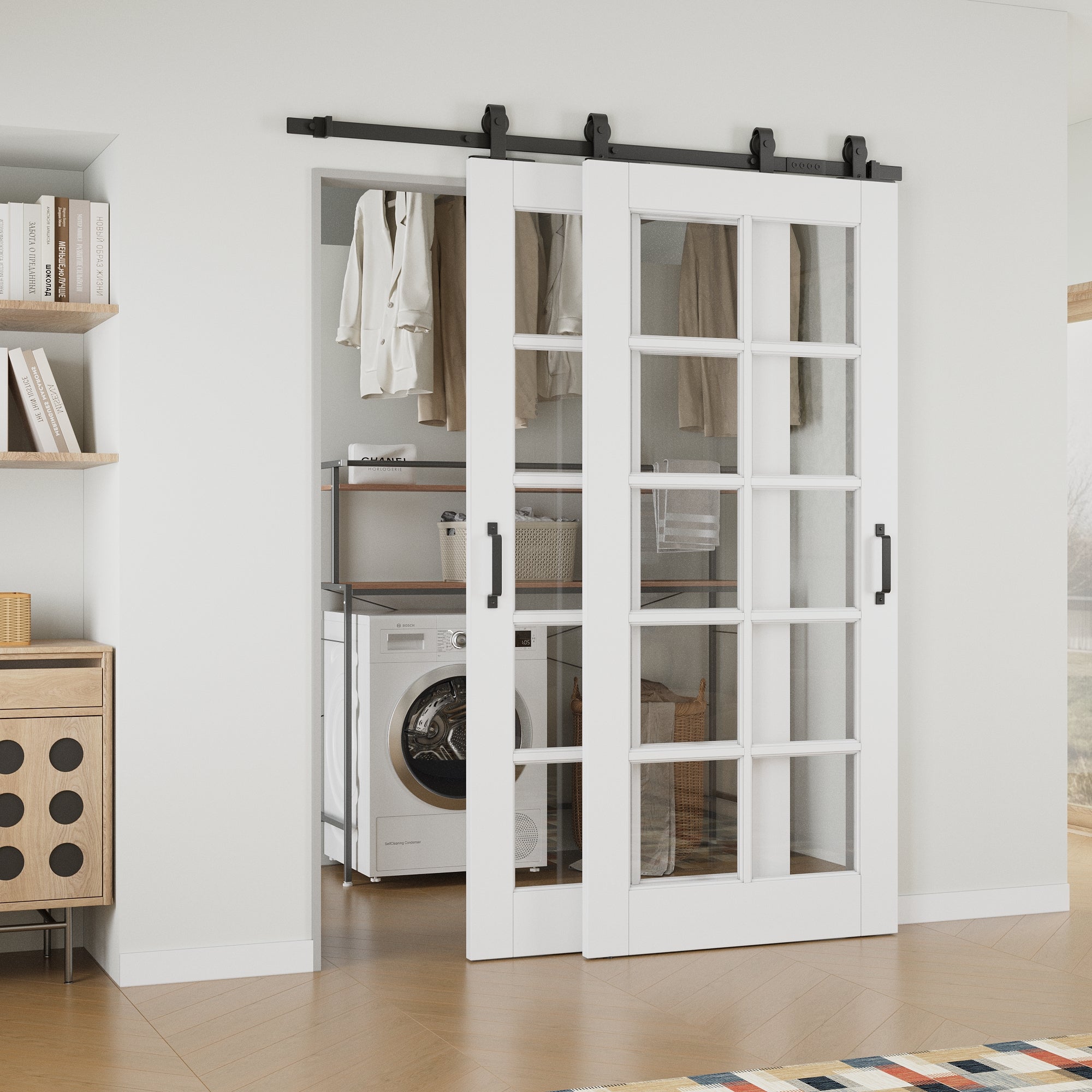 Ark Design Bypass Barn Door, 10-Lite Clear Glass, Solid Core MDF & Pre-finished & Paintable Surface, With Hardware Kit Bypass, White