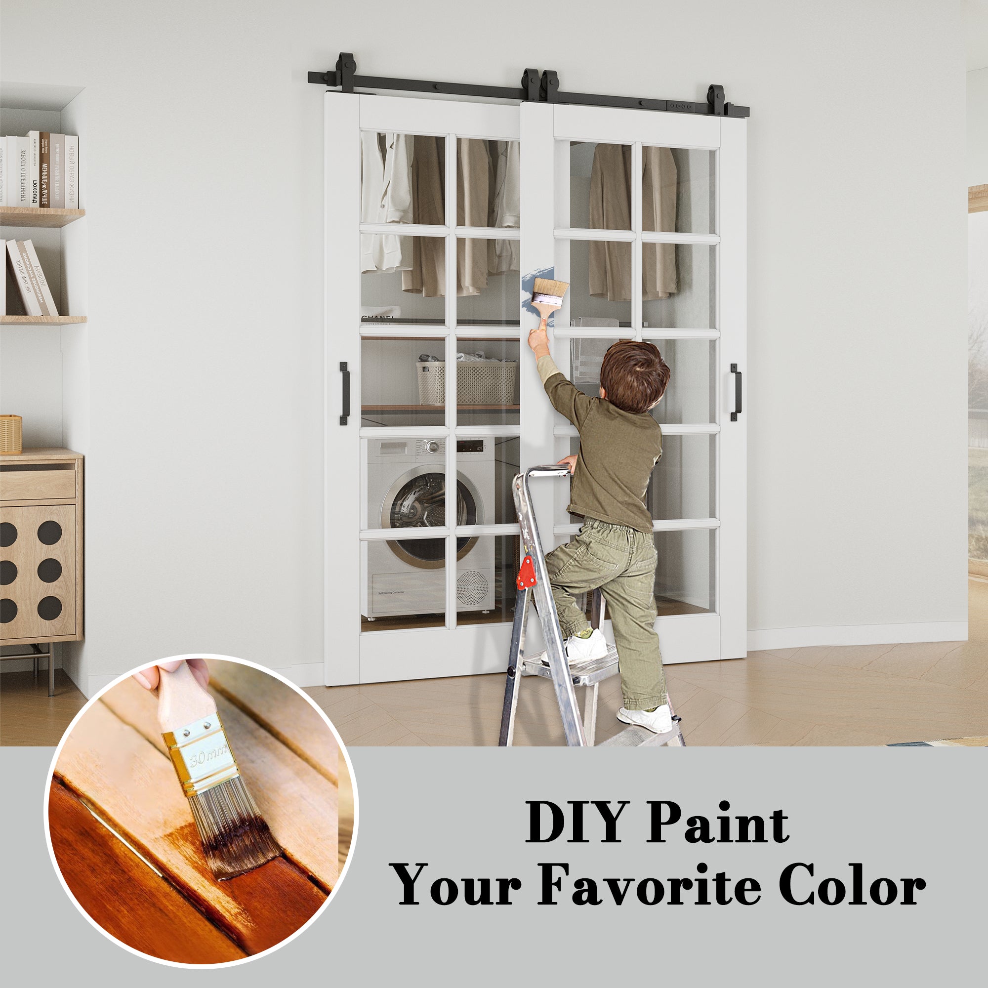 Ark Design Bypass Barn Door, 10-Lite Clear Glass, Solid Core MDF & Pre-finished & Paintable Surface, With Hardware Kit Bypass, White