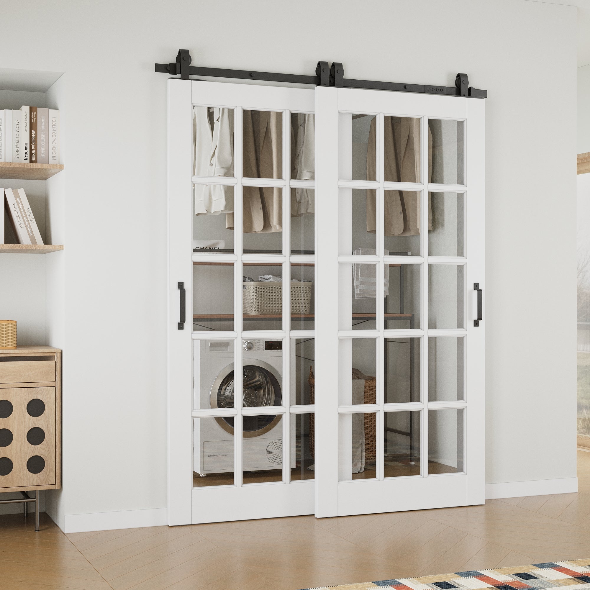 Ark Design Bypass Barn Door, 15-Lite Clear Glass, Solid Core MDF & Pre-finished & Paintable Surface, With Hardware Kit Bypass, White