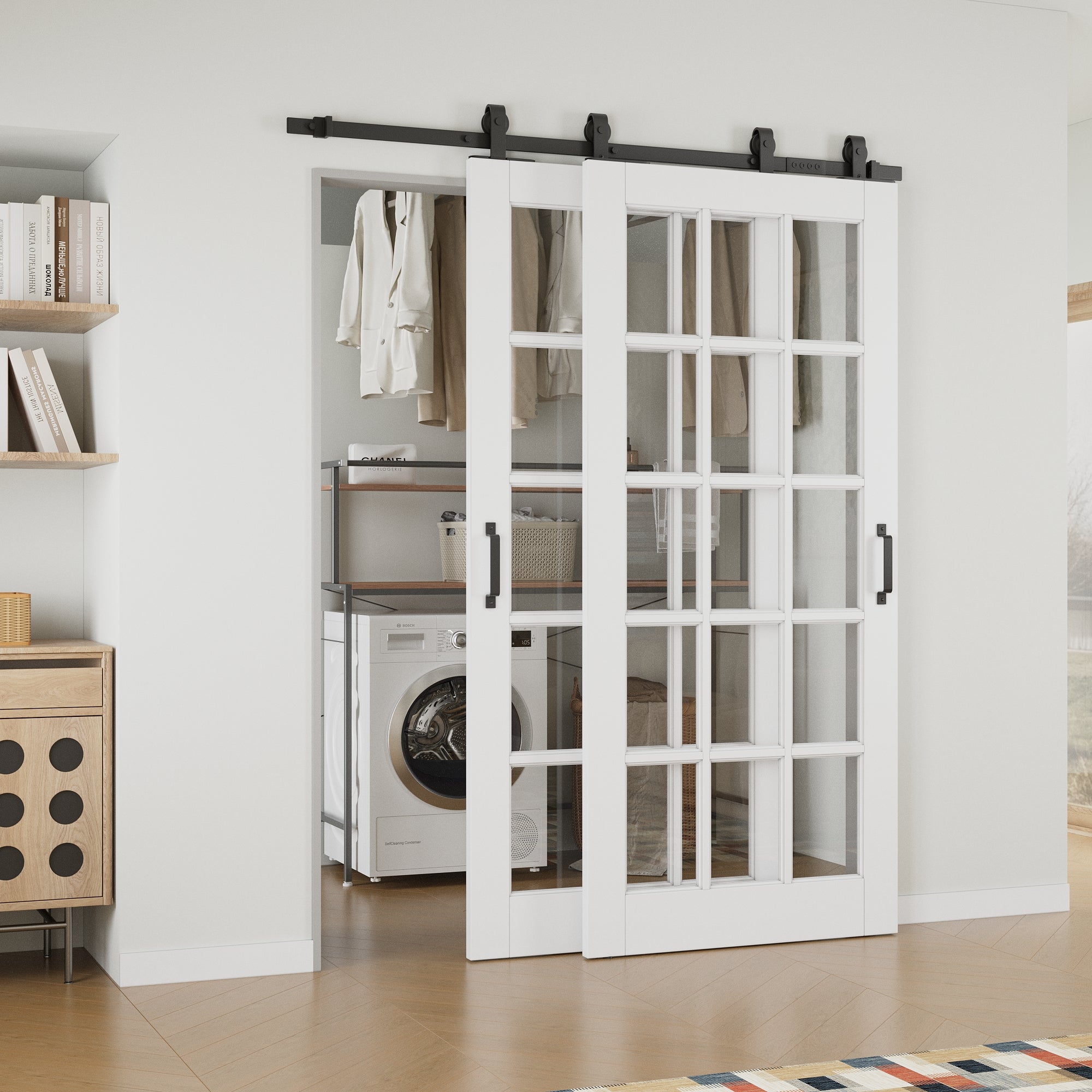 Ark Design Bypass Barn Door, 15-Lite Clear Glass, Solid Core MDF & Pre-finished & Paintable Surface, With Hardware Kit Bypass, White
