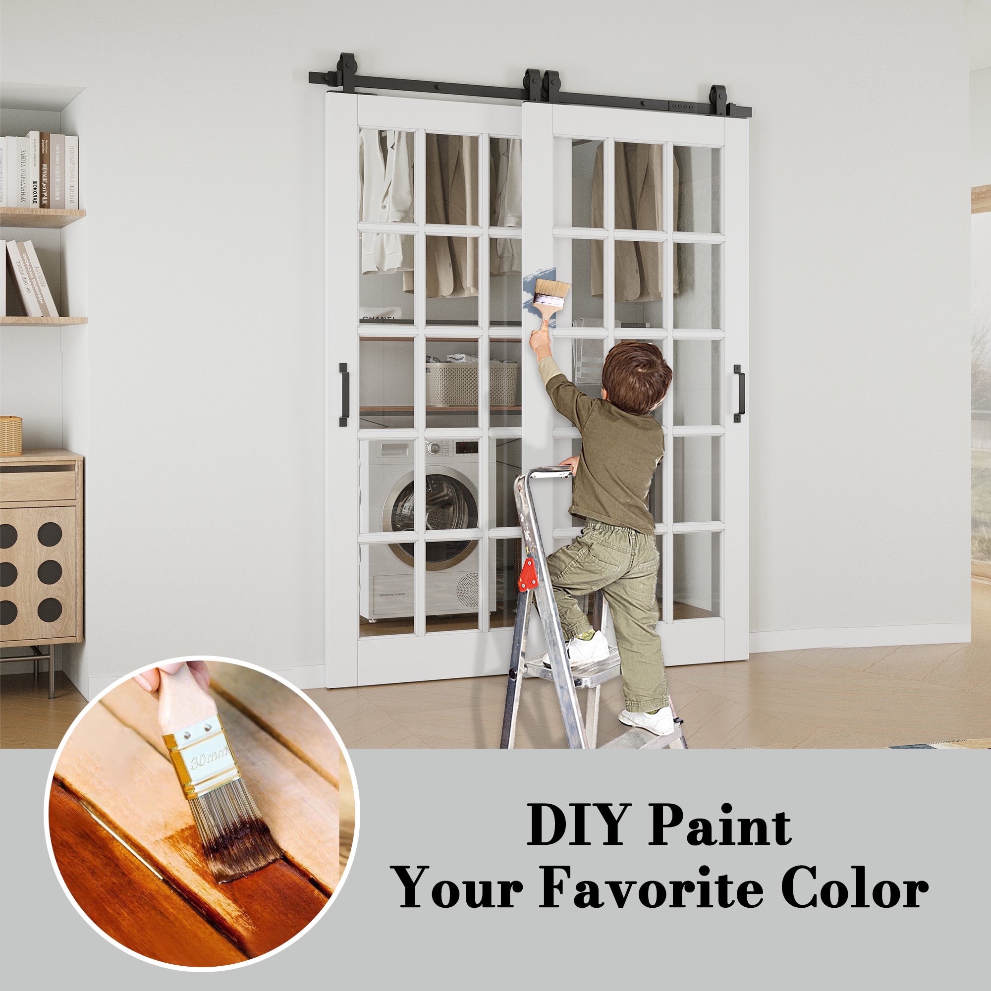Ark Design Bypass Barn Door, 15-Lite Clear Glass, Solid Core MDF & Pre-finished & Paintable Surface, With Hardware Kit Bypass, White