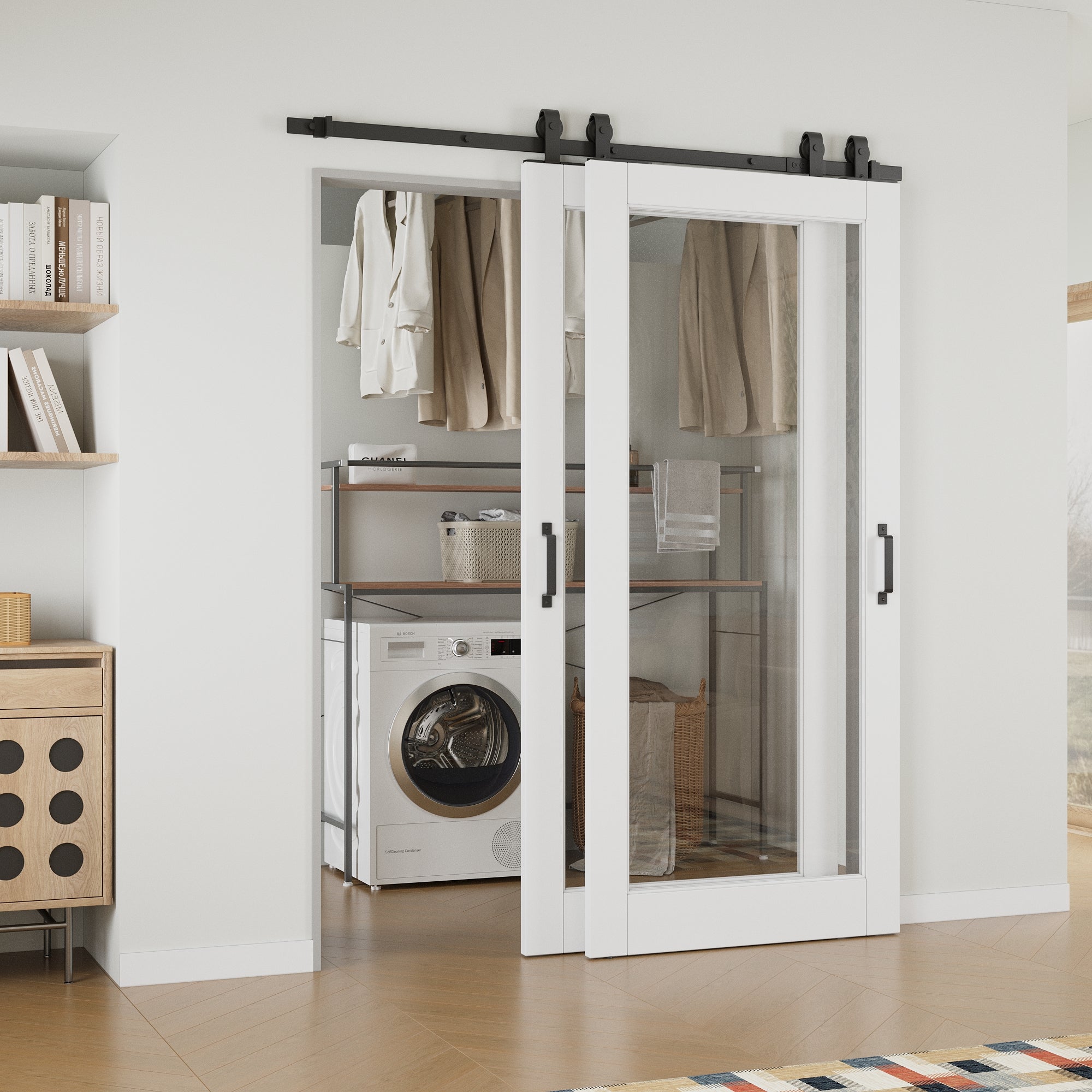 Ark Design Bypass Barn Door, 1-Lite Clear Glass, Solid Core MDF & Pre-finished & Paintable Surface, With Hardware Kit Bypass, White