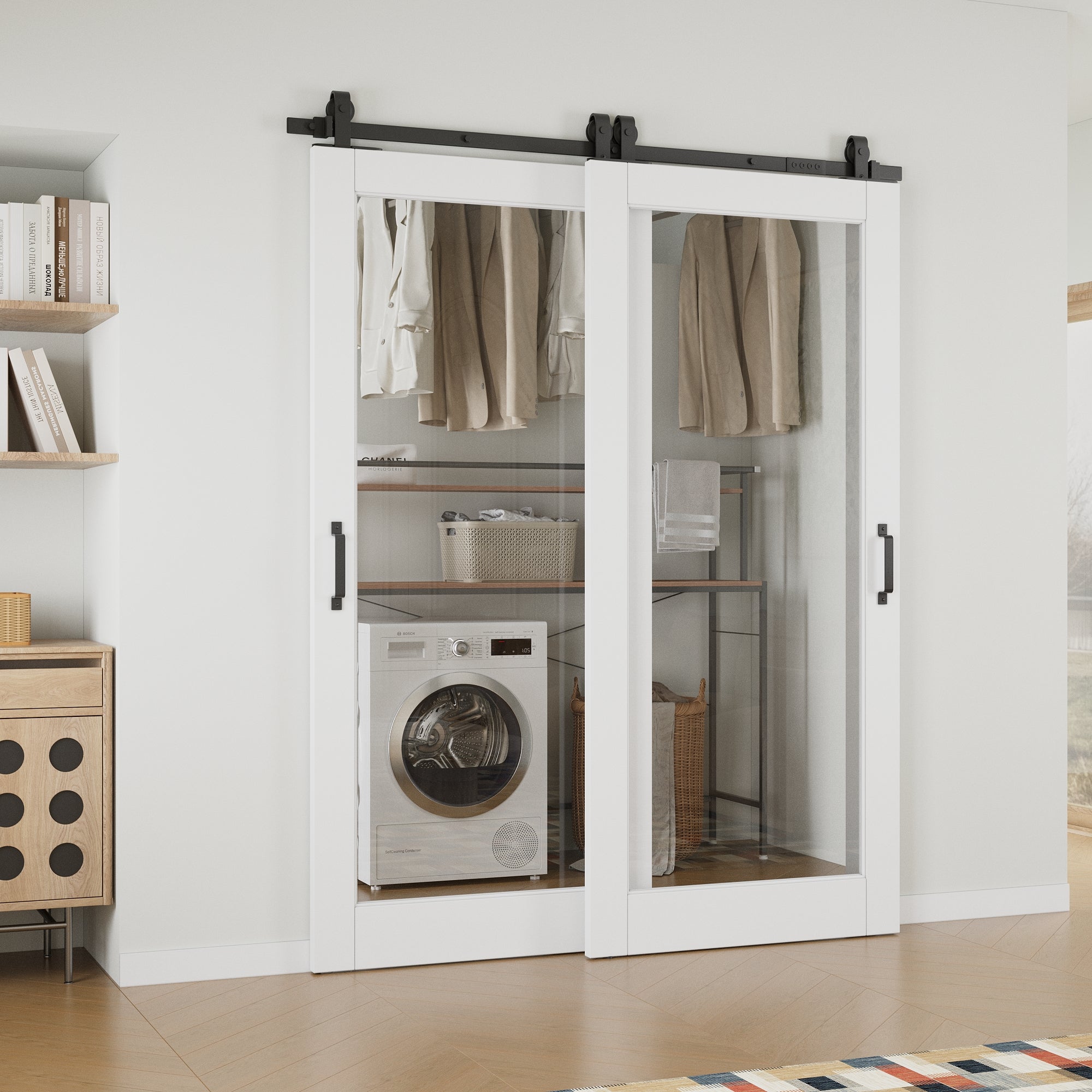 Ark Design Bypass Barn Door, 1-Lite Clear Glass, Solid Core MDF & Pre-finished & Paintable Surface, With Hardware Kit Bypass, White