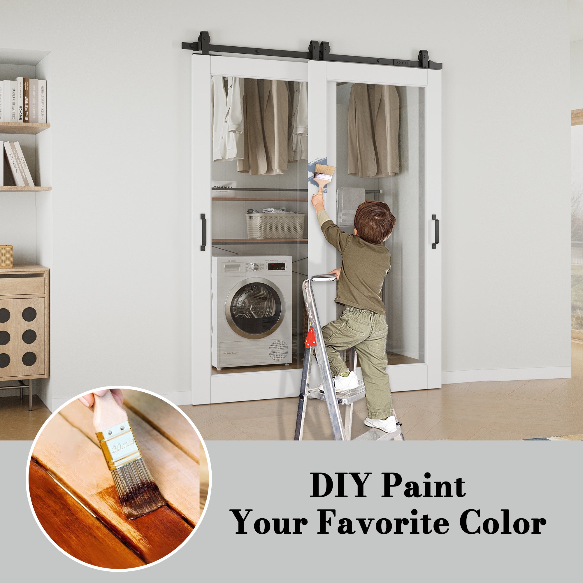 Ark Design Bypass Barn Door, 1-Lite Clear Glass, Solid Core MDF & Pre-finished & Paintable Surface, With Hardware Kit Bypass, White