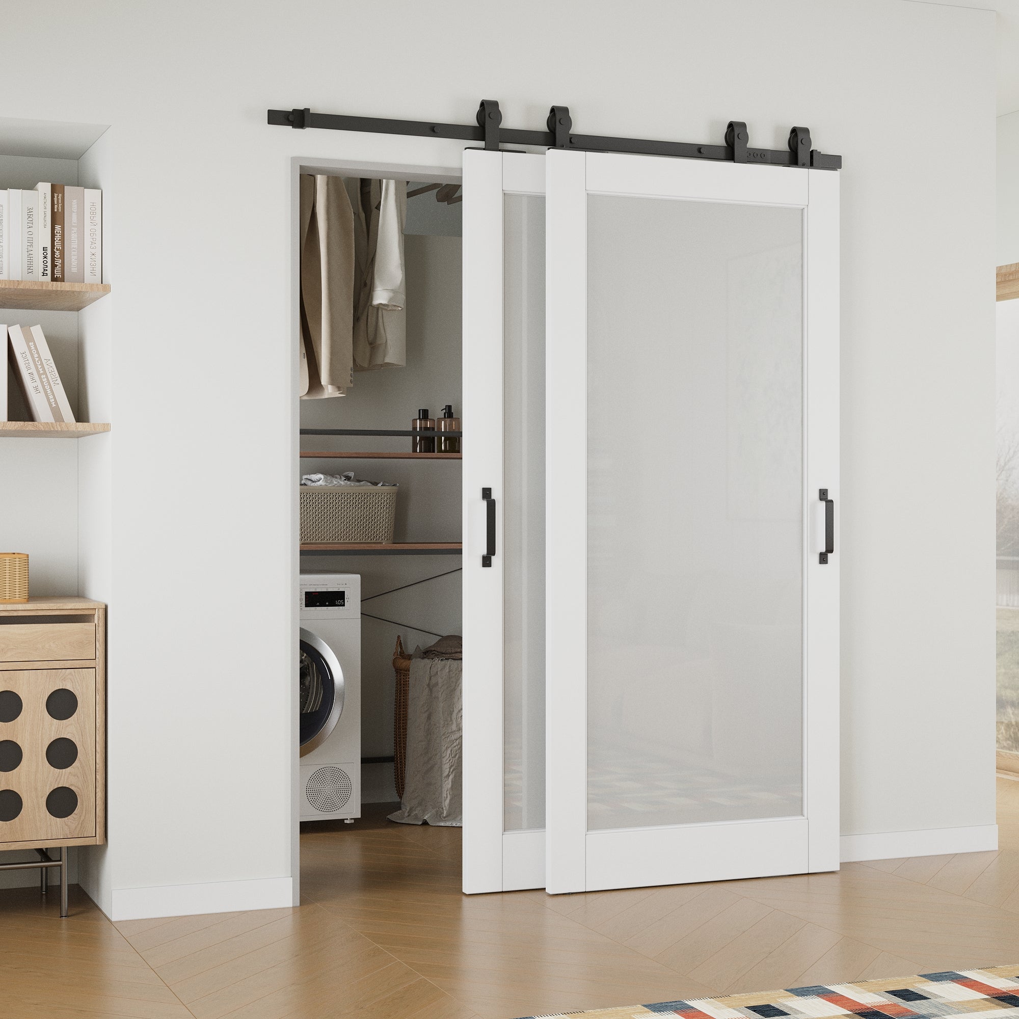 Ark Design Bypass Barn Door, 1-Lite Tempred Frosted Glass, Solid Core MDF & Pre-finished & Paintable Surface, With Hardware Kit Bypass, White