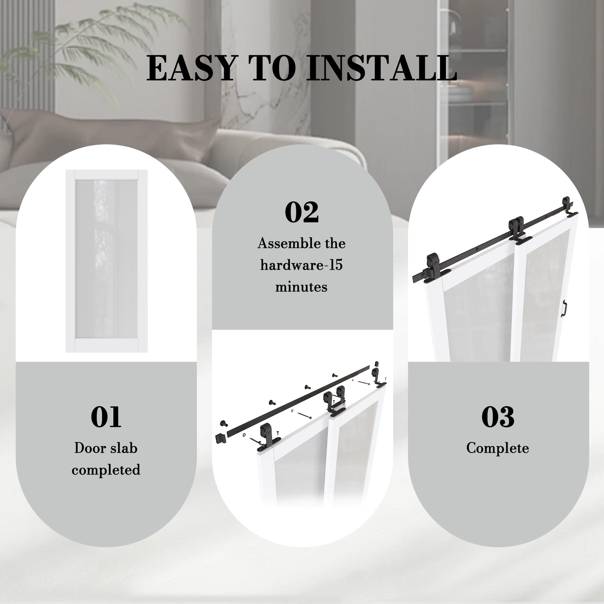 Ark Design Bypass Barn Door, 1-Lite Tempred Frosted Glass, Solid Core MDF & Pre-finished & Paintable Surface, With Hardware Kit Bypass, White