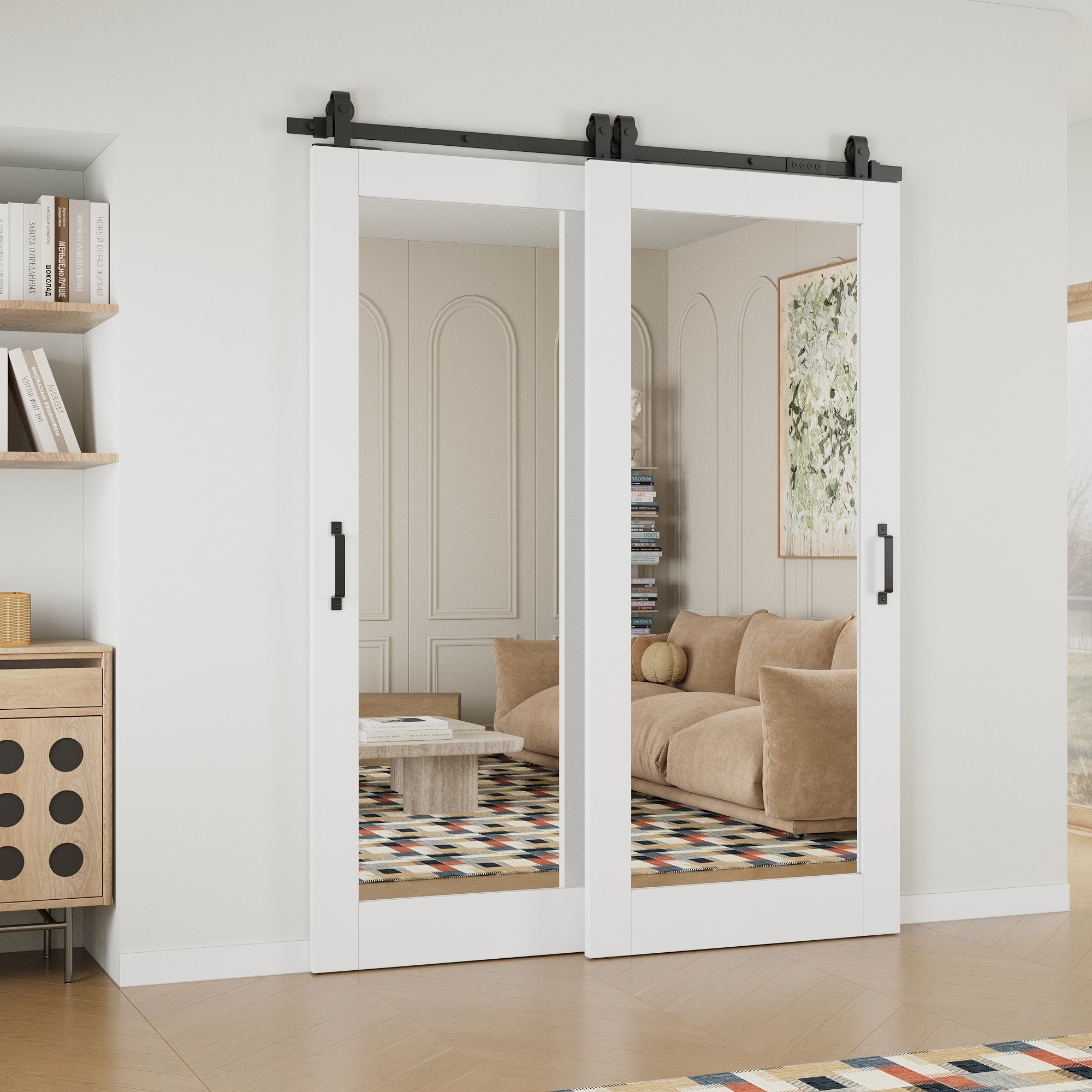 Ark Design Bypass Barn Door, 1-Lite Mirrored Glass, Solid Core MDF & Pre-finished & Paintable Surface, With Hardware Kit Bypass, White