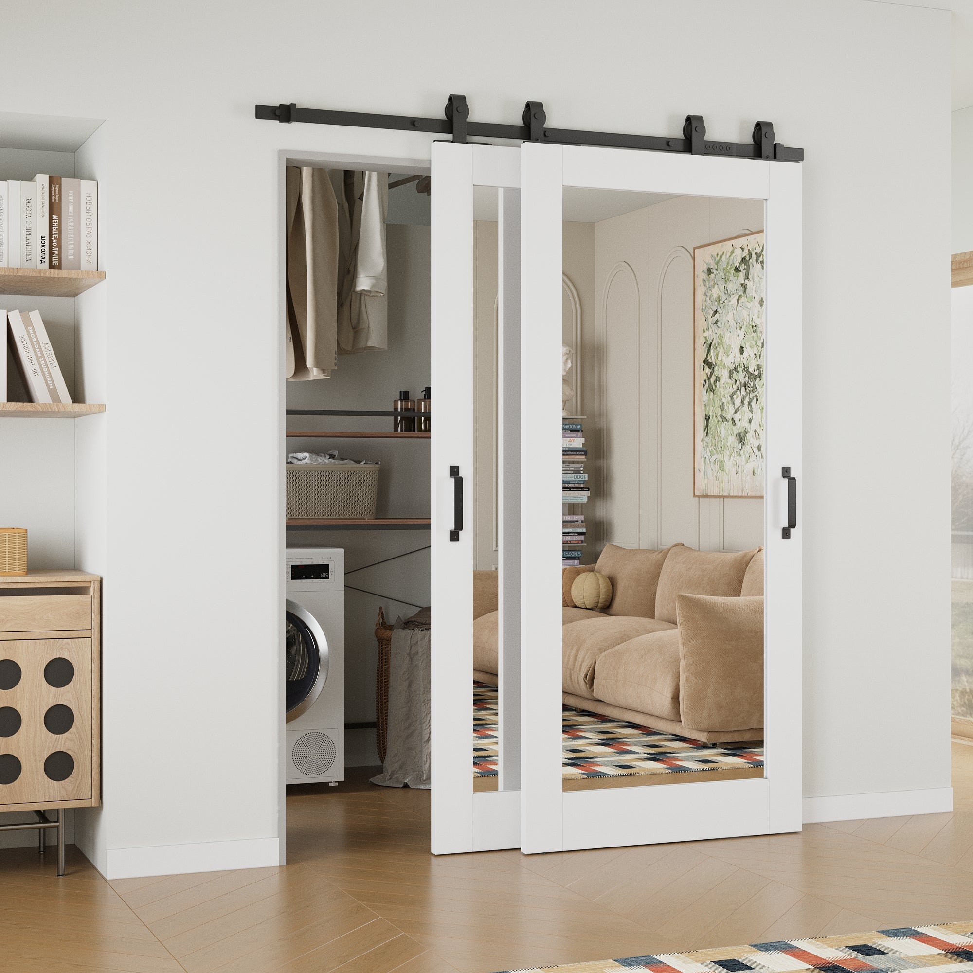 Ark Design Bypass Barn Door, 1-Lite Mirrored Glass, Solid Core MDF & Pre-finished & Paintable Surface, With Hardware Kit Bypass, White