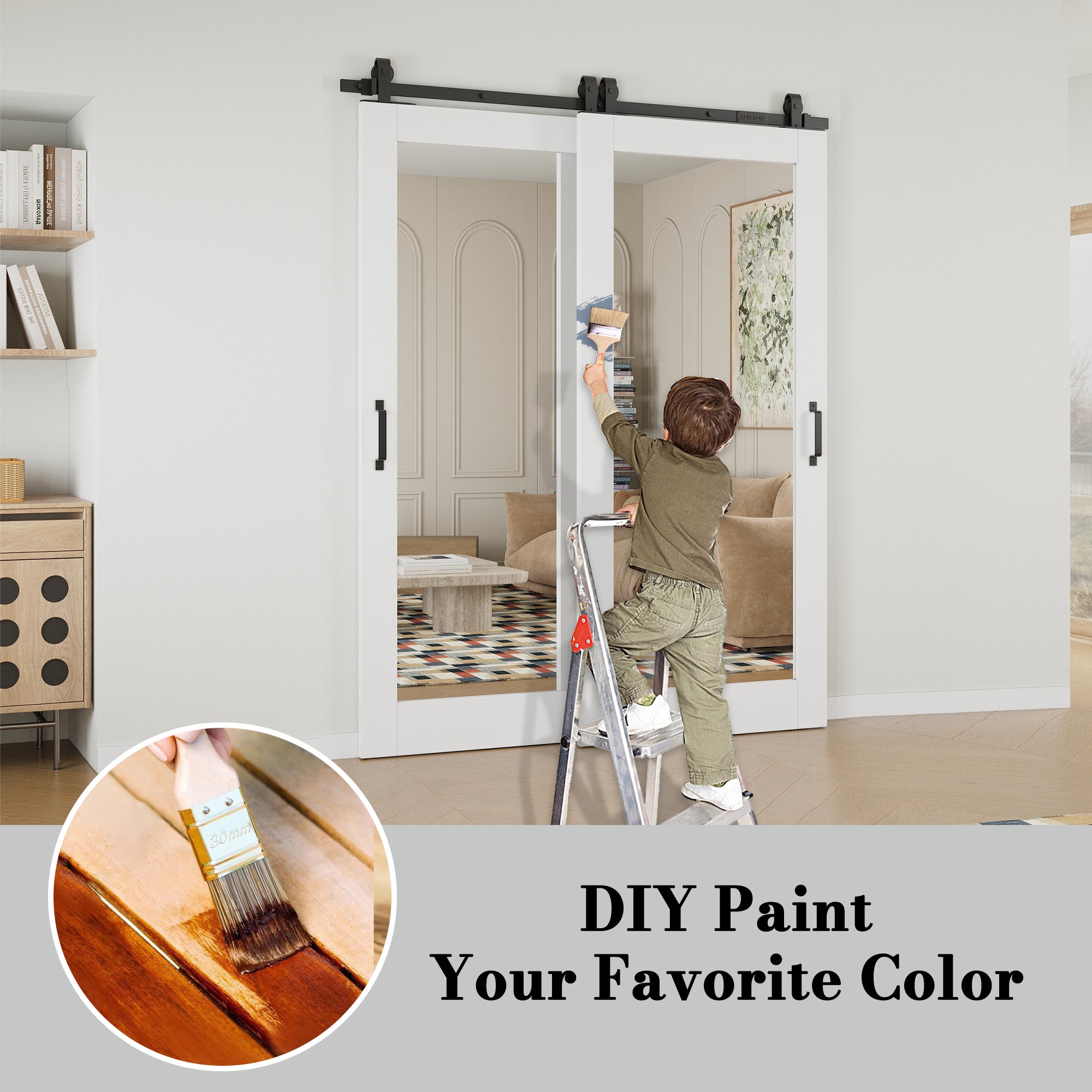 Ark Design Bypass Barn Door, 1-Lite Mirrored Glass, Solid Core MDF & Pre-finished & Paintable Surface, With Hardware Kit Bypass, White