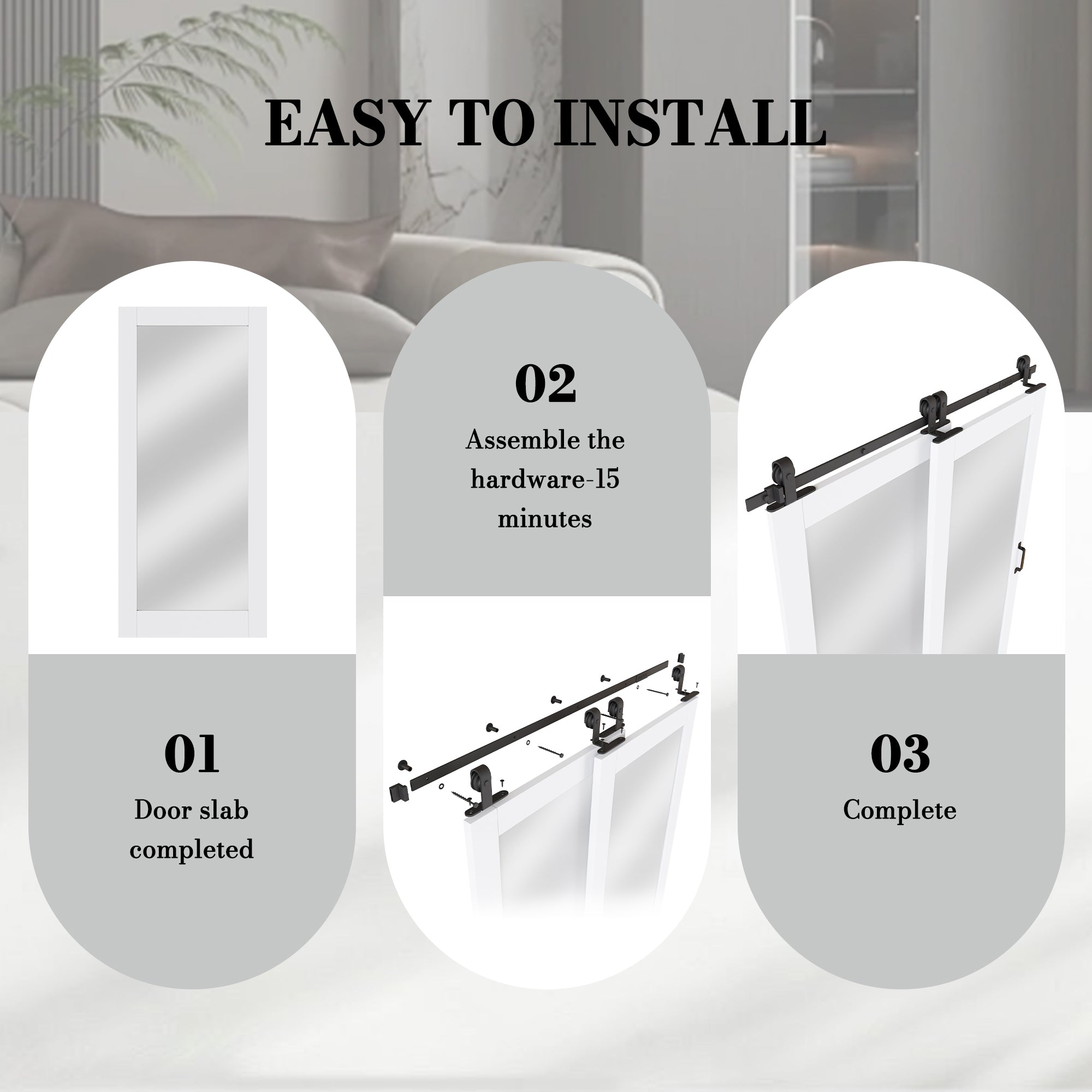 Ark Design Bypass Barn Door, 1-Lite Mirrored Glass, Solid Core MDF & Pre-finished & Paintable Surface, With Hardware Kit Bypass, White