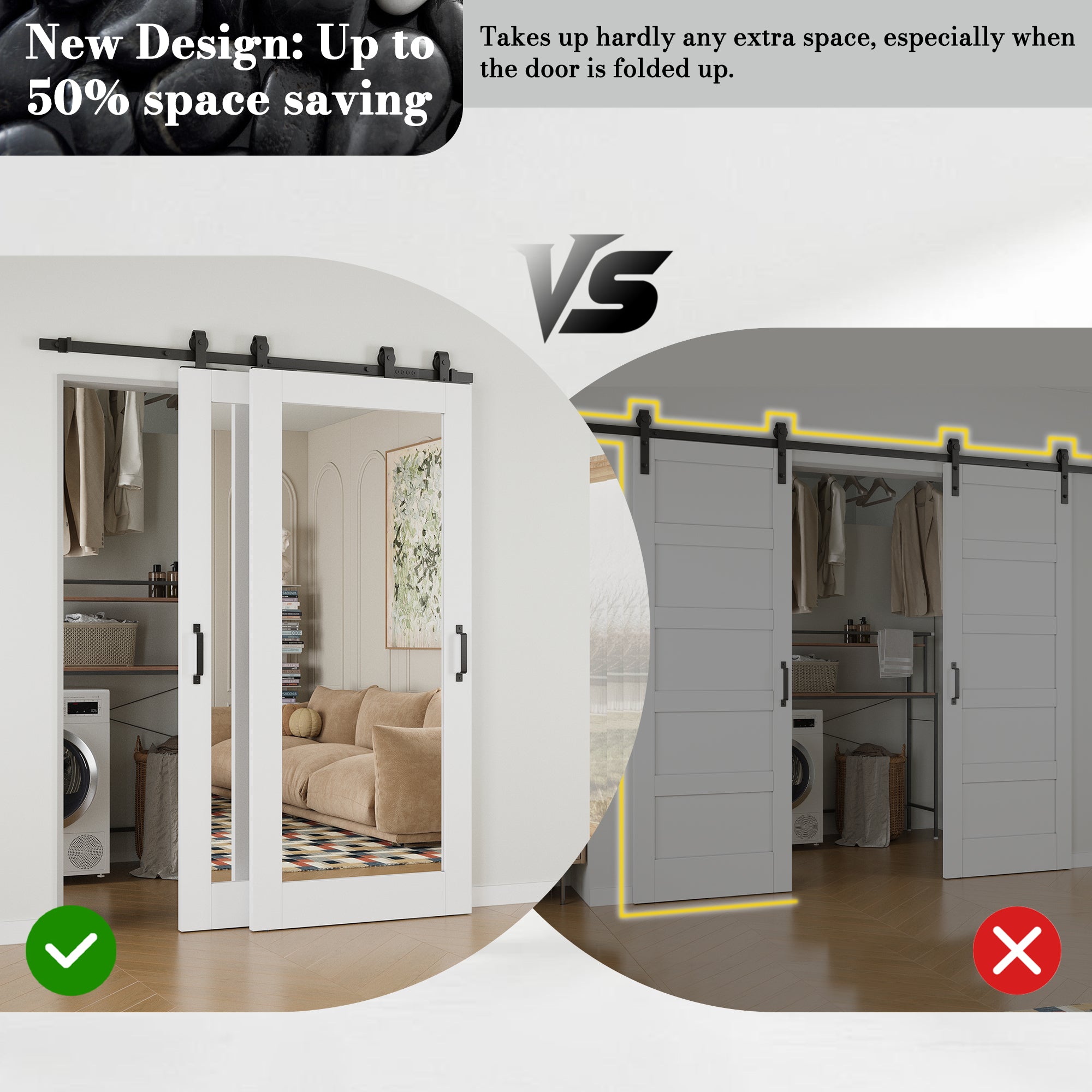 Ark Design Bypass Barn Door, 1-Lite Mirrored Glass, Solid Core MDF & Pre-finished & Paintable Surface, With Hardware Kit Bypass, White